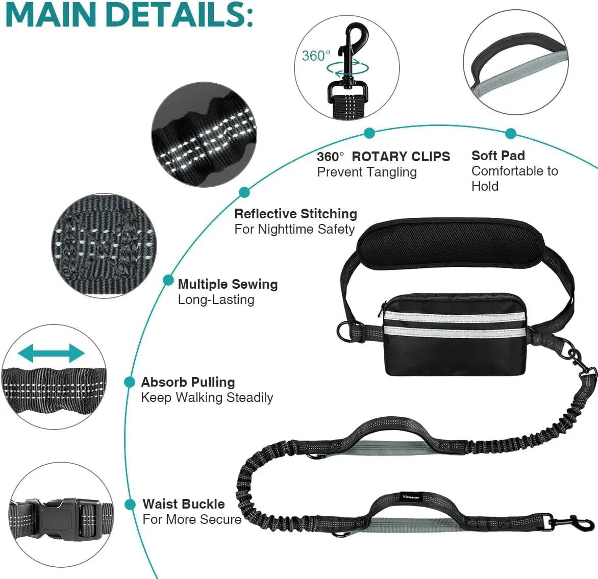 Double Hands Free Dog Leash – Bungee Waist Leash for Two Dogs