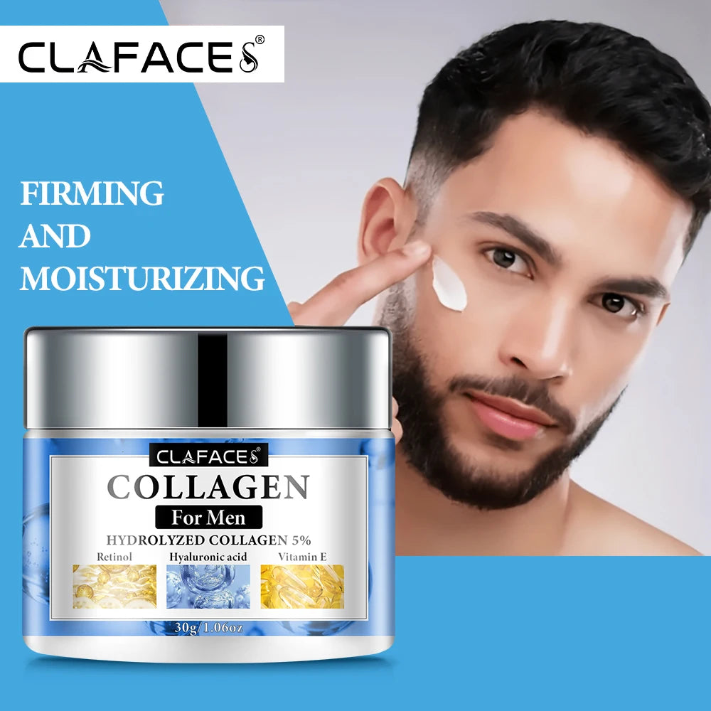 Clafaces collagen cream for men with a man applying cream to his face on a blue and gray background.