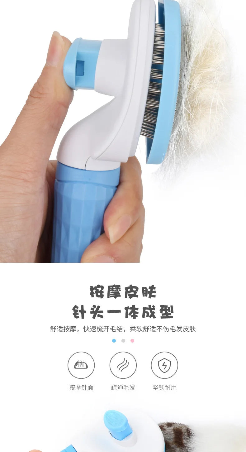 Blue self-cleaning pet slicker brush being pressed by a hand to release collected hair