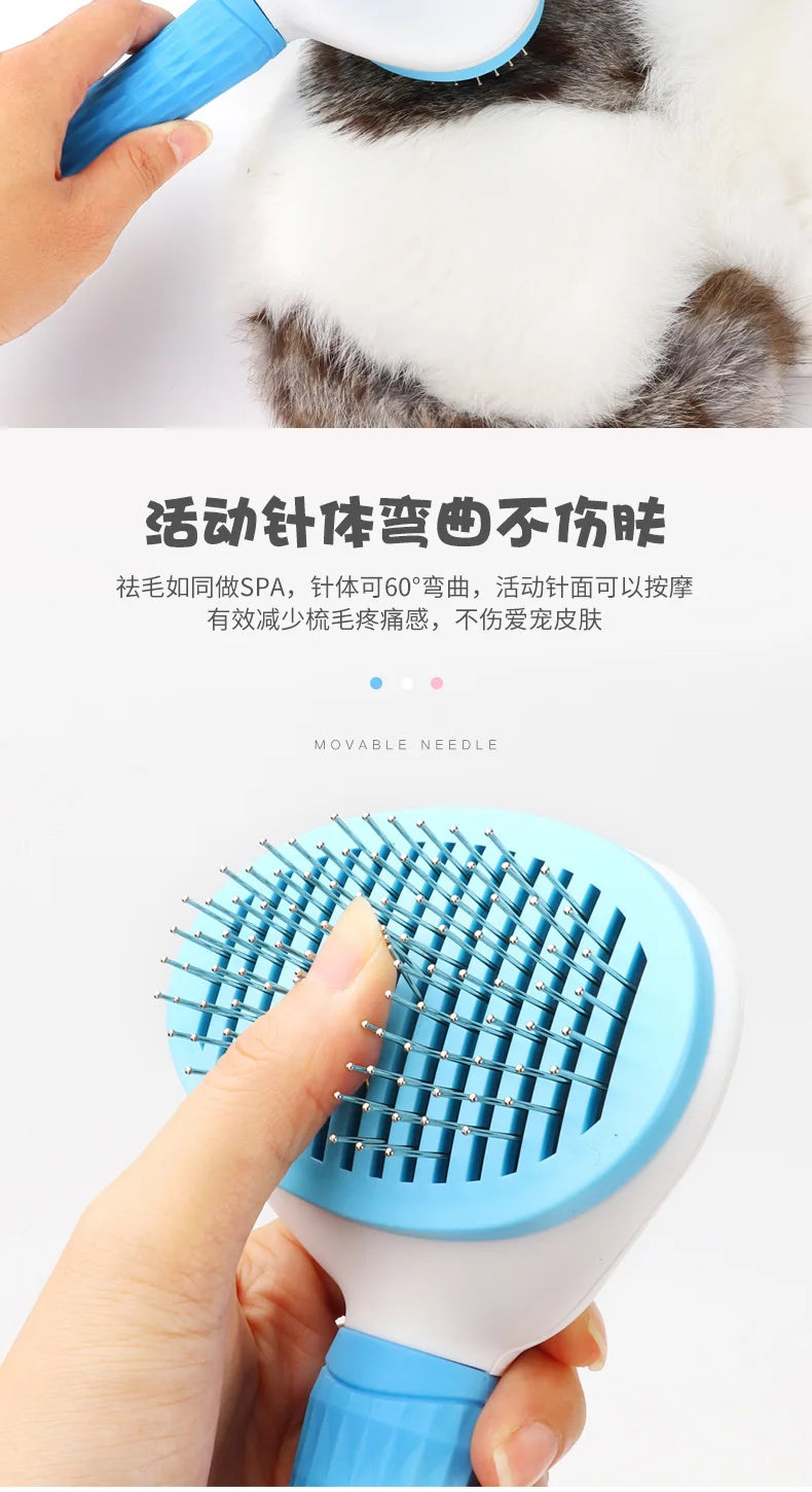 Blue self-cleaning pet slicker brush being used on a cat while a hand feels the brush for texture and bristles