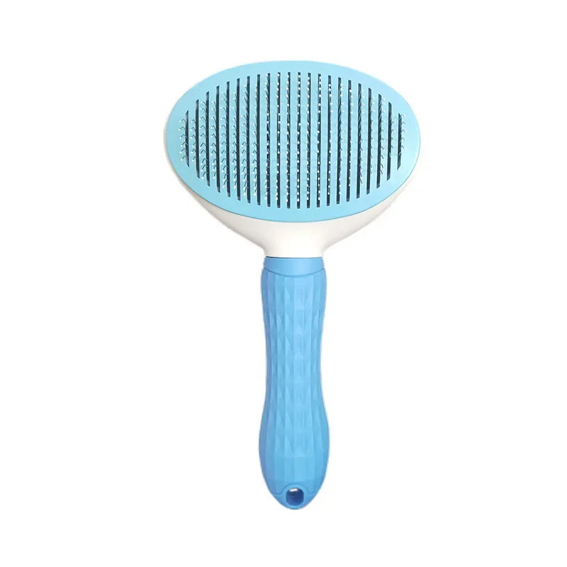 Blue self-cleaning pet slicker brush displayed on a plain background