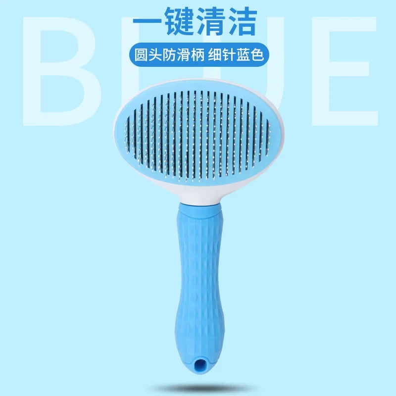 blue self-cleaning pet slicker brush displayed on a plain background