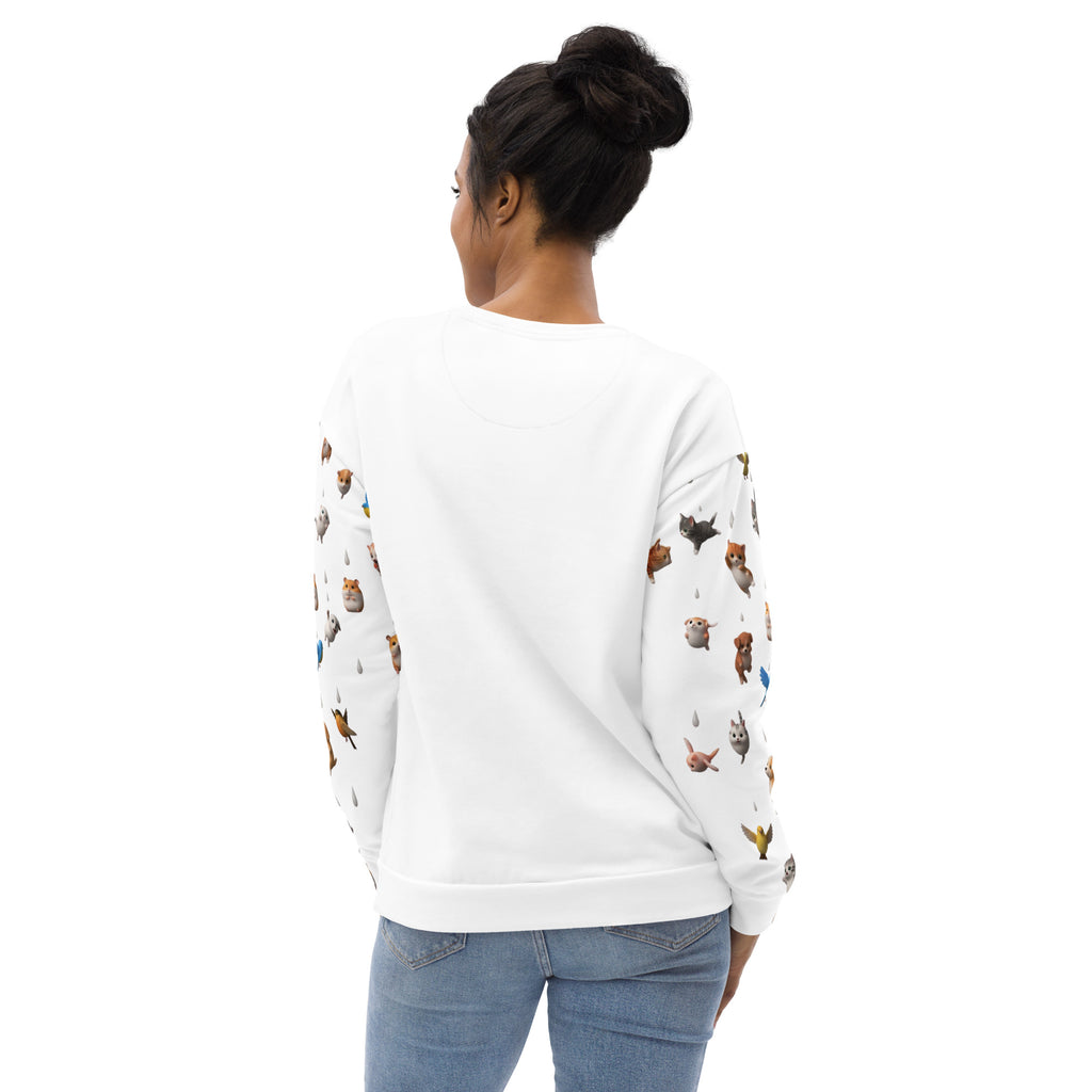 Person wearing a white sweatshirt with animal prints on sleeves, standing against a white background