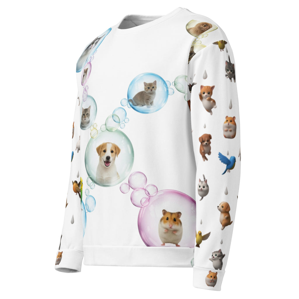 Sweatshirt with animal-themed design featuring cats, dogs, and hamsters in bubbles on a white background.
