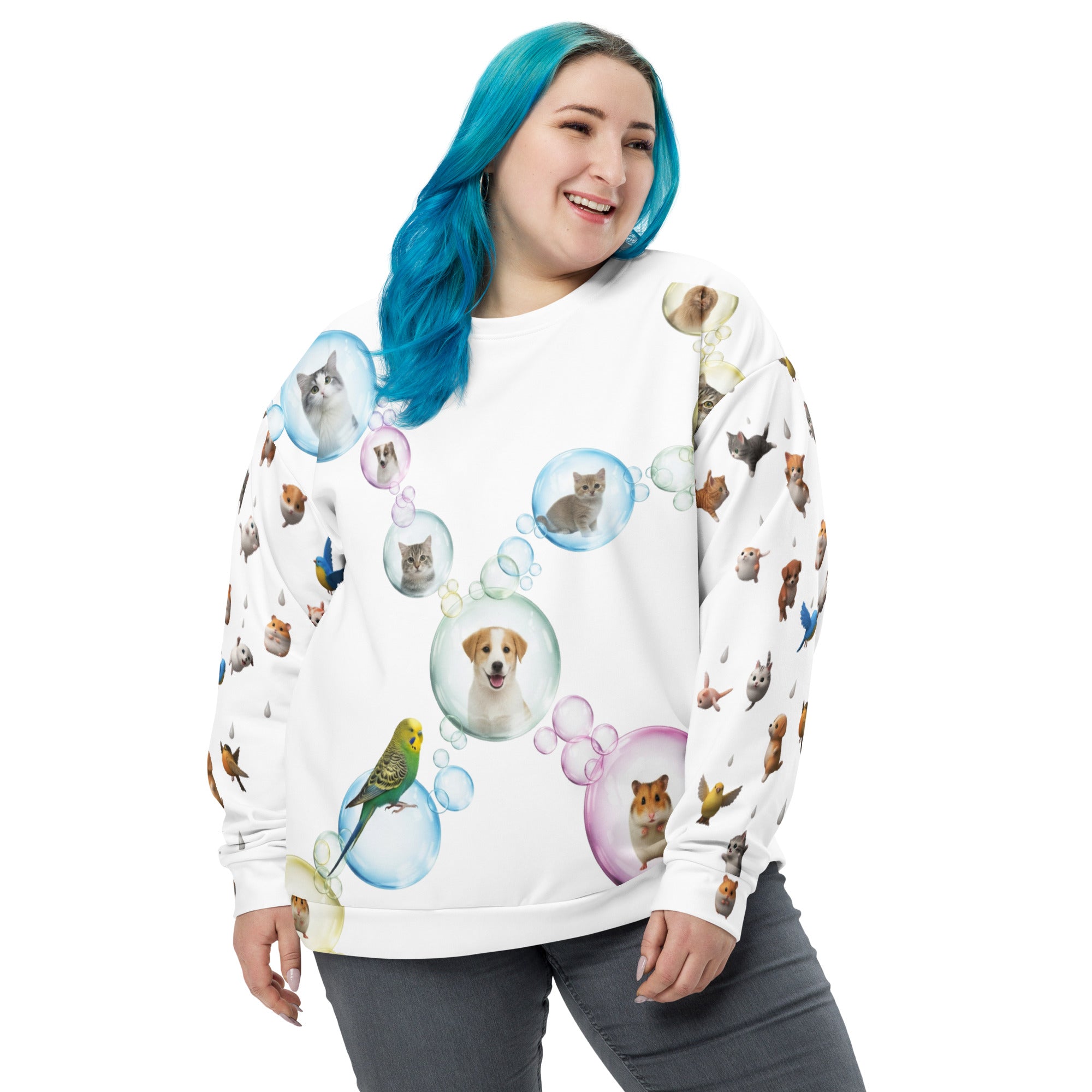 Person wearing a white sweatshirt with animal-themed designs on a white background