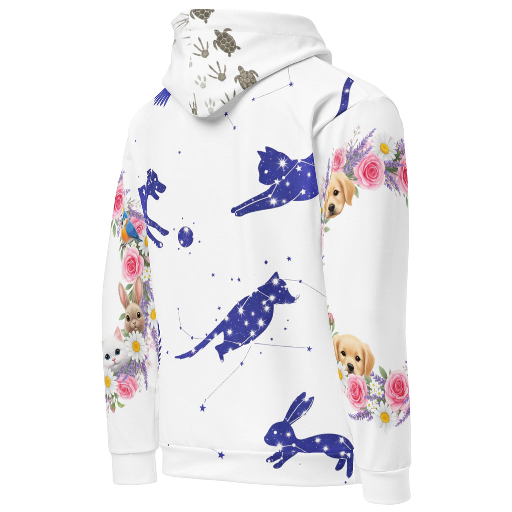 White hoodie with colorful animal and star constellation designs on a white background