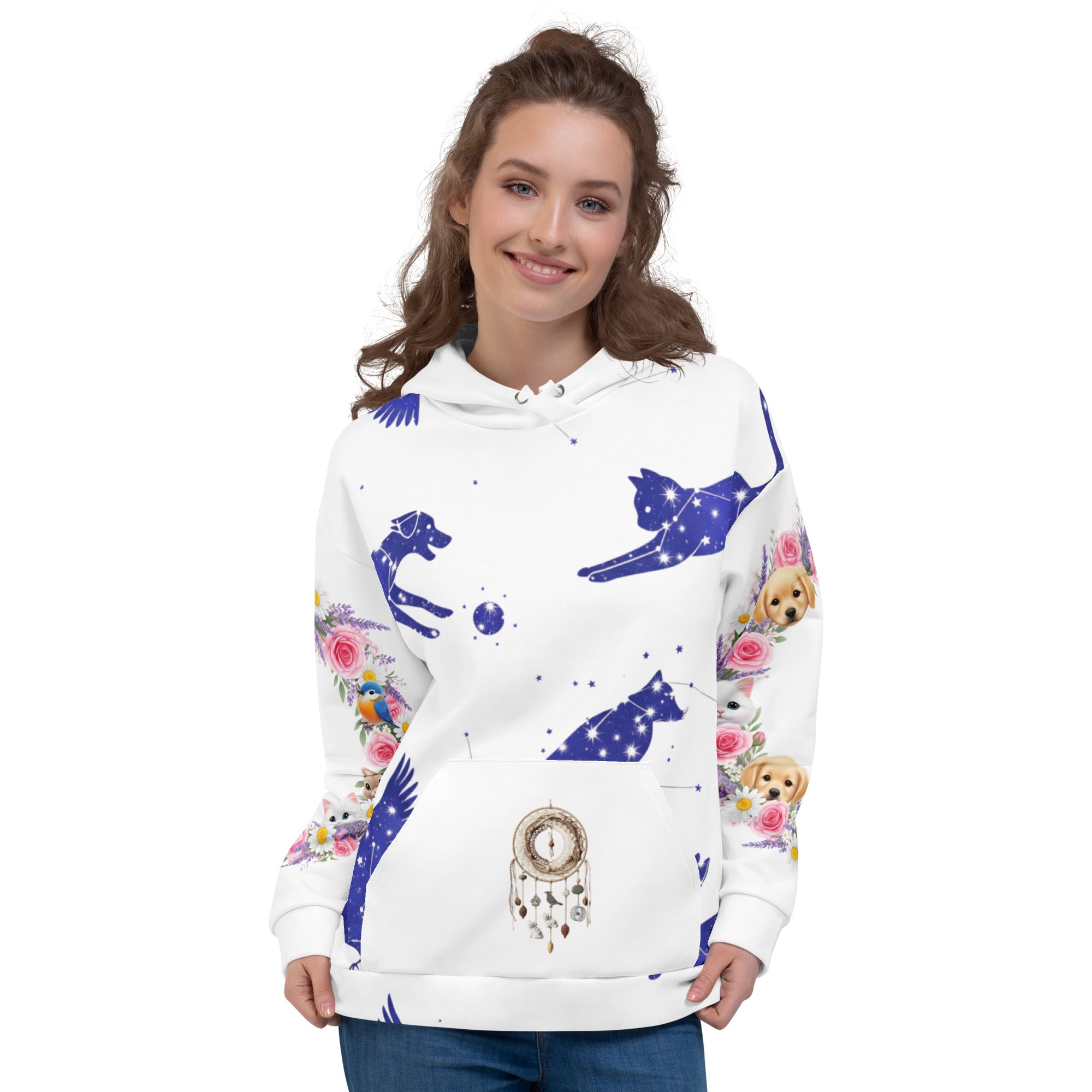 Woman wearing a white hoodie with colorful animal designs on a white background