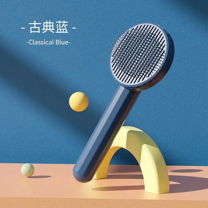 classical blue self-cleaning pet slicker brush displayed on a plain background