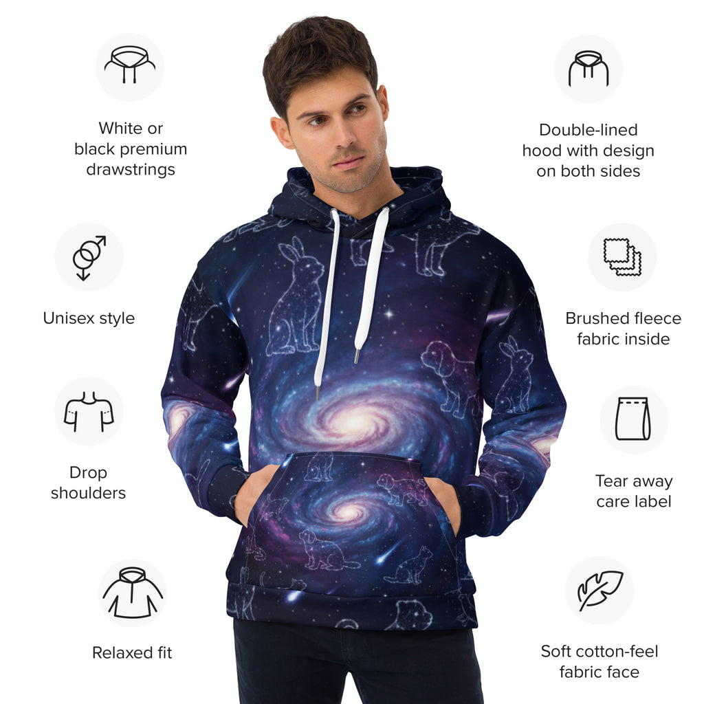 Man wearing Galaxy-themed unisex hoodie with dog and rabbit constellations and star patterns

