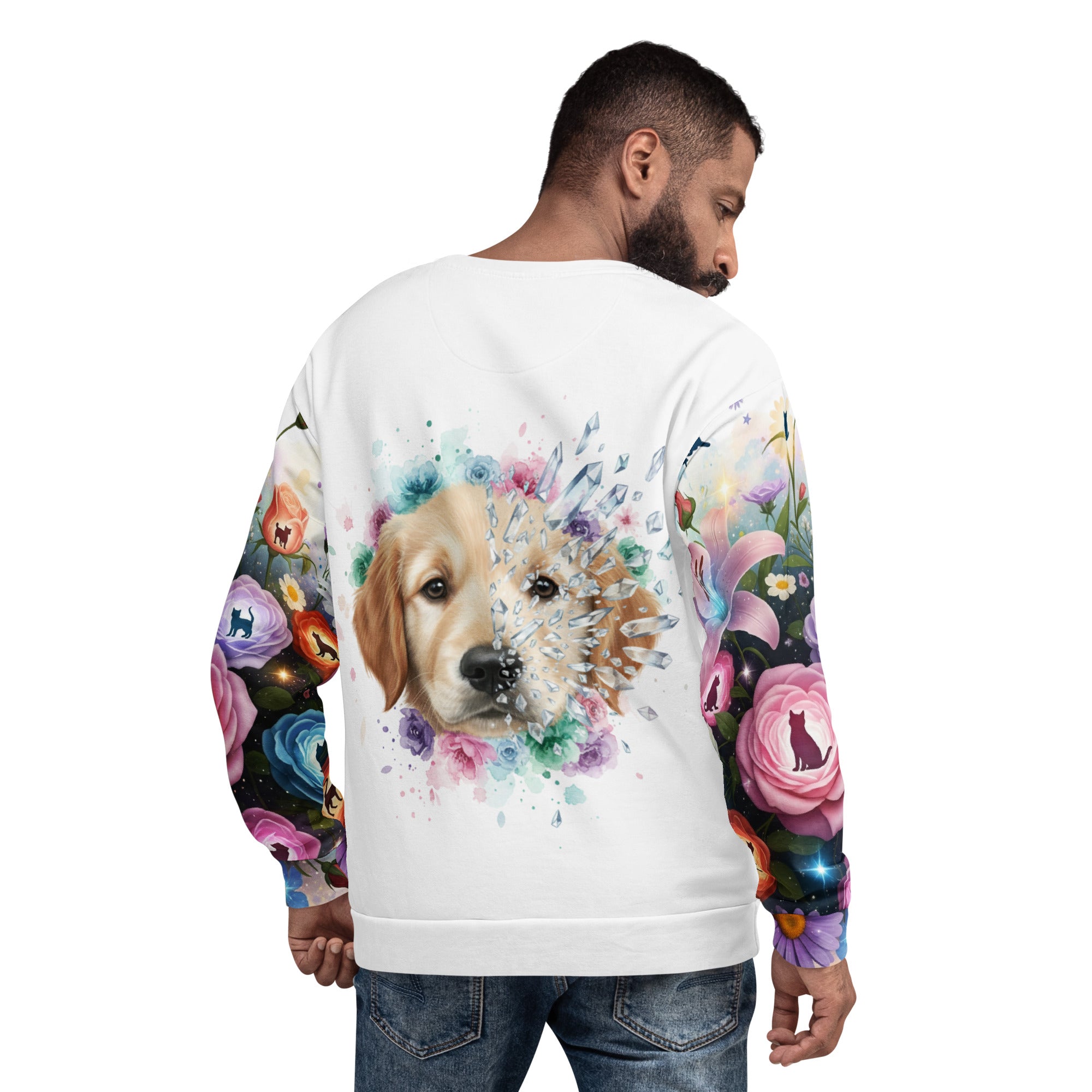 Person wearing a white sweatshirt with a colorful dog and floral design on the back.