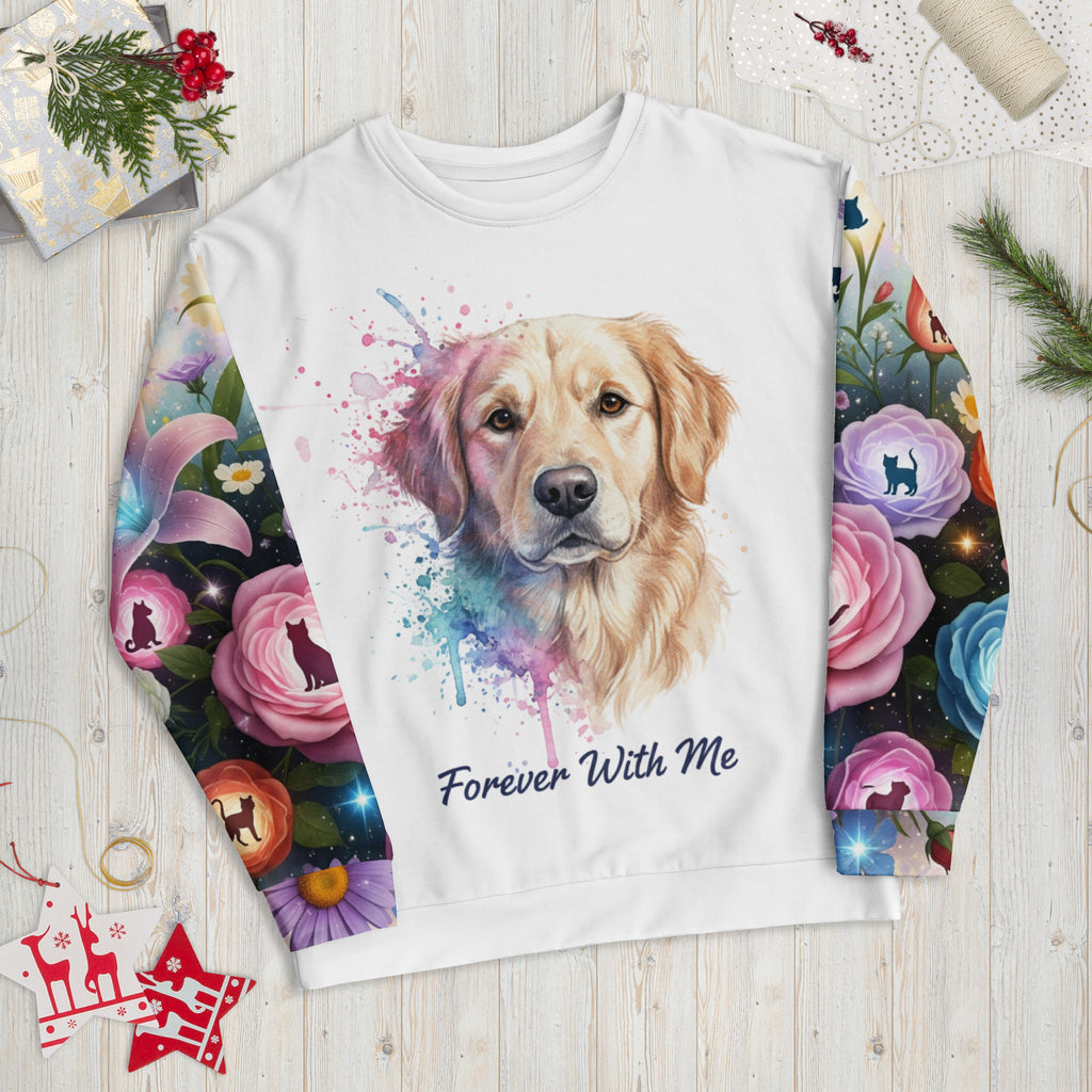 White sweatshirt with a colorful dog illustration and 'Forever With Me' text on a wooden surface.