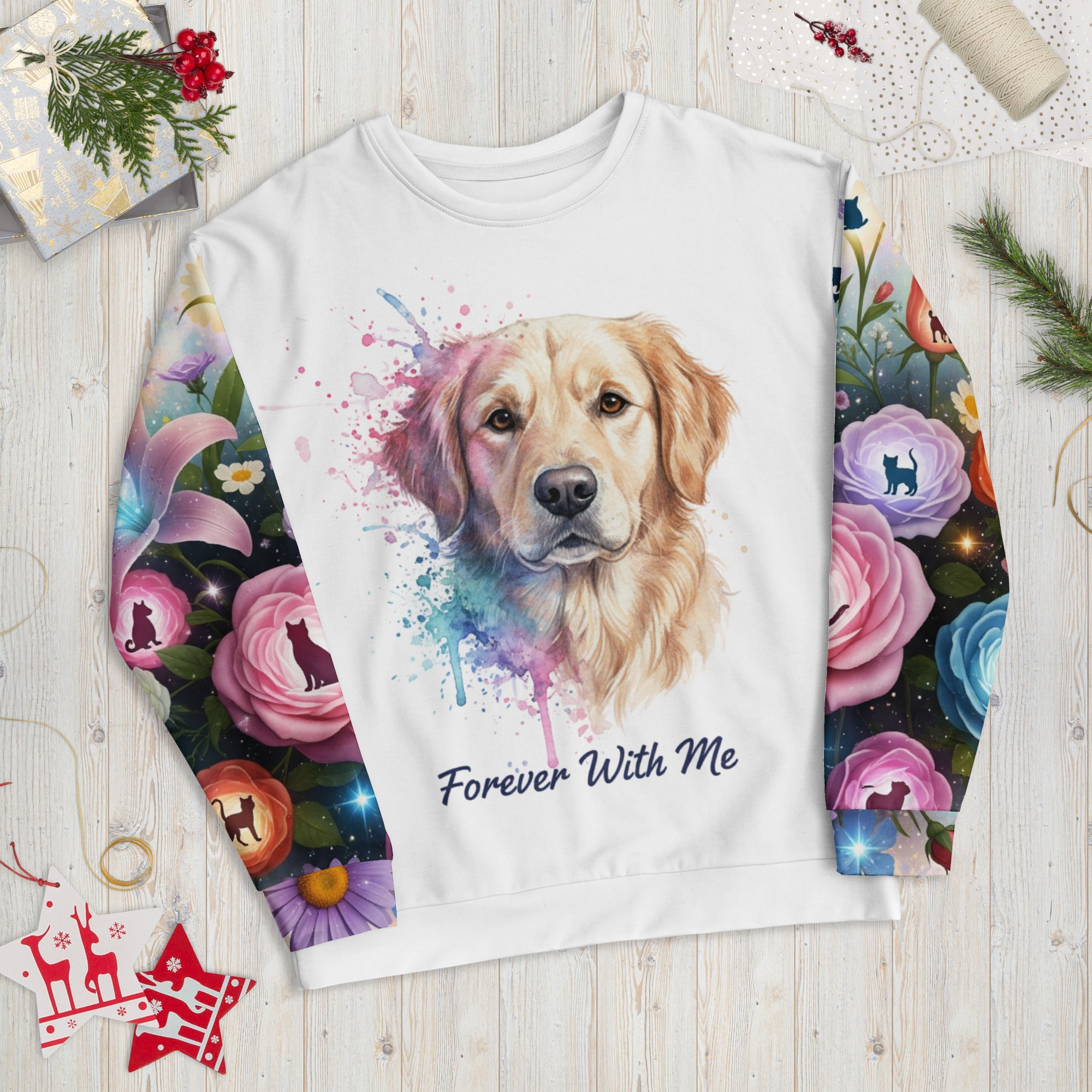 White sweatshirt with a colorful dog illustration and 'Forever With Me' text on a wooden surface.