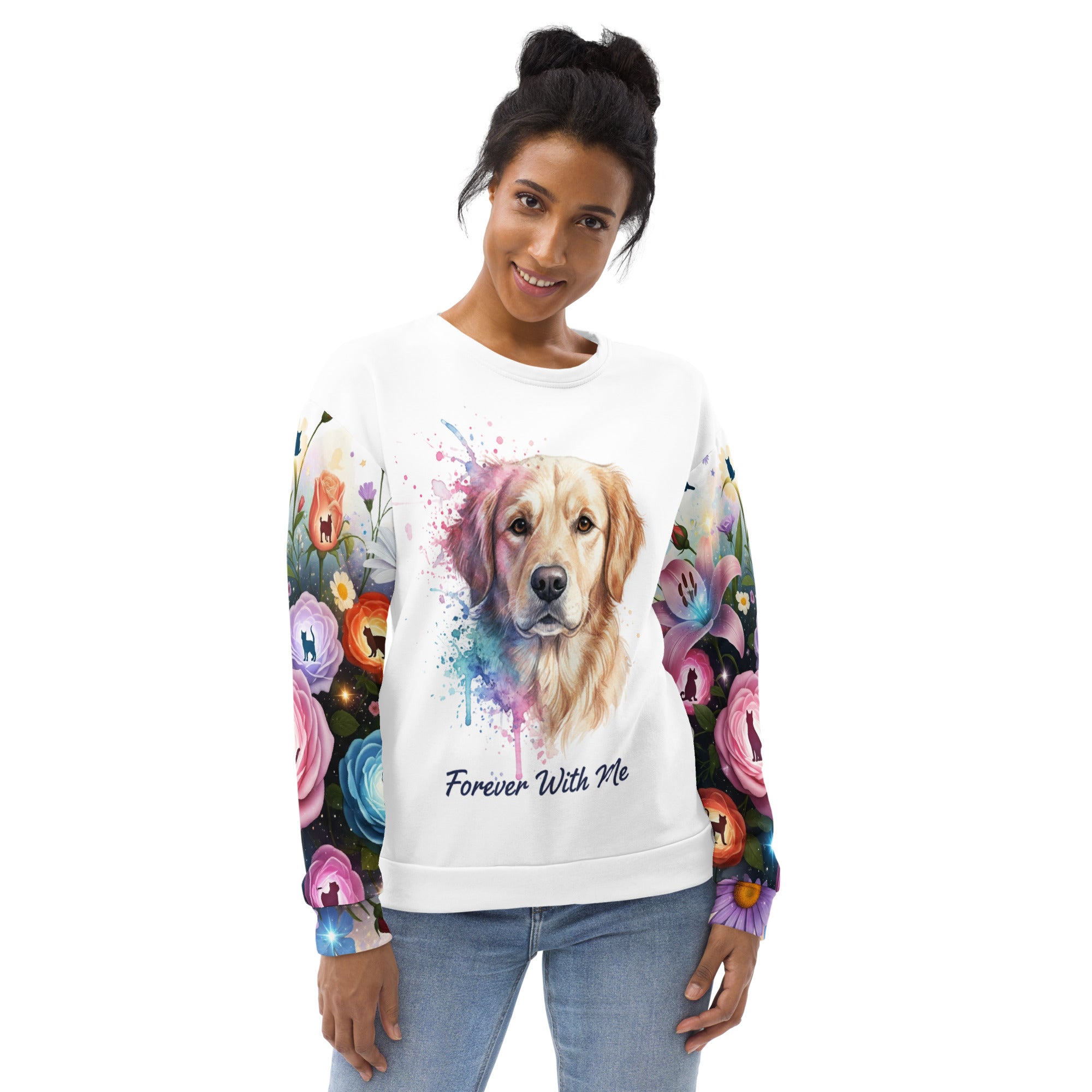 Woman wearing a white sweatshirt with a dog design and 'Forever With Me' text on a white background
