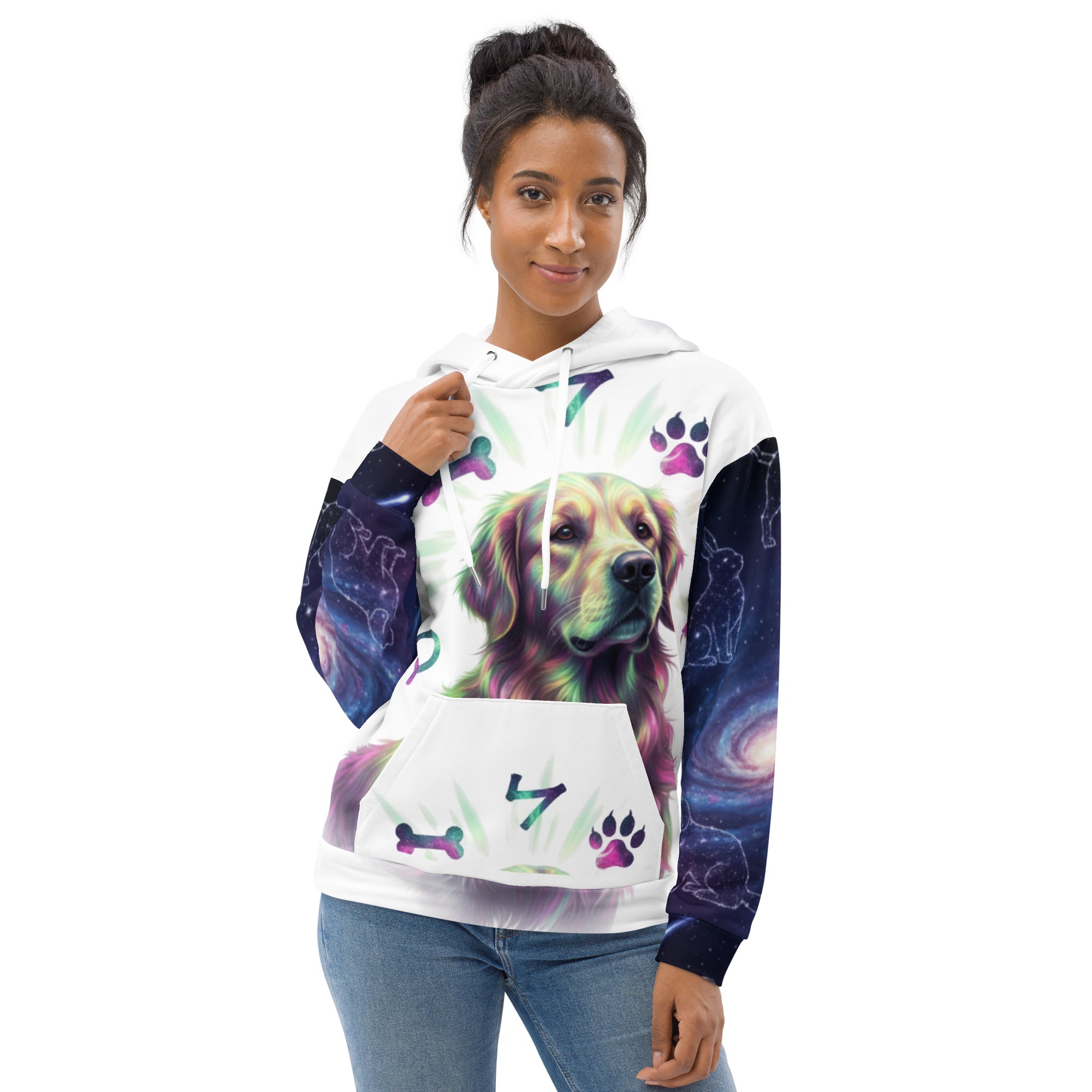 Woman wearing a hoodie with a colorful dog design on a white background