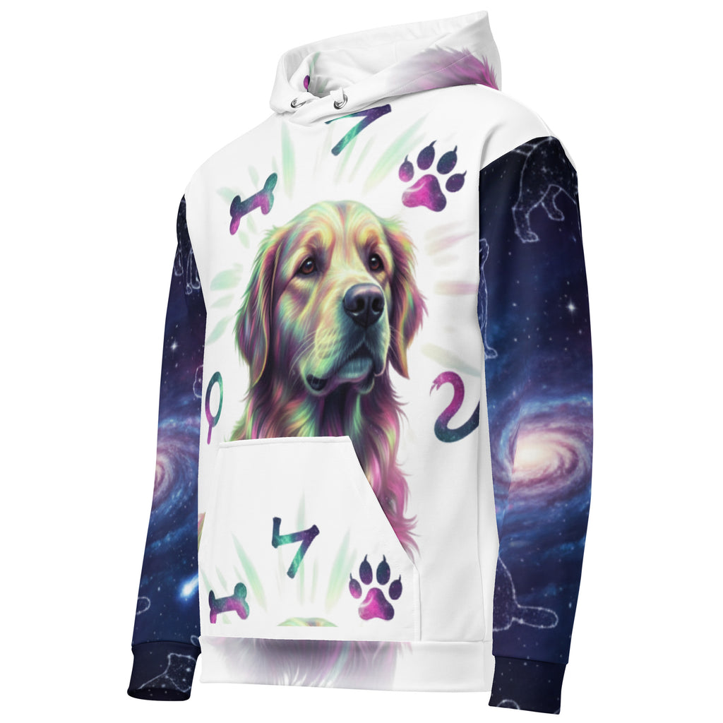 Hoodie with a colorful dog illustration and galaxy design on a white background