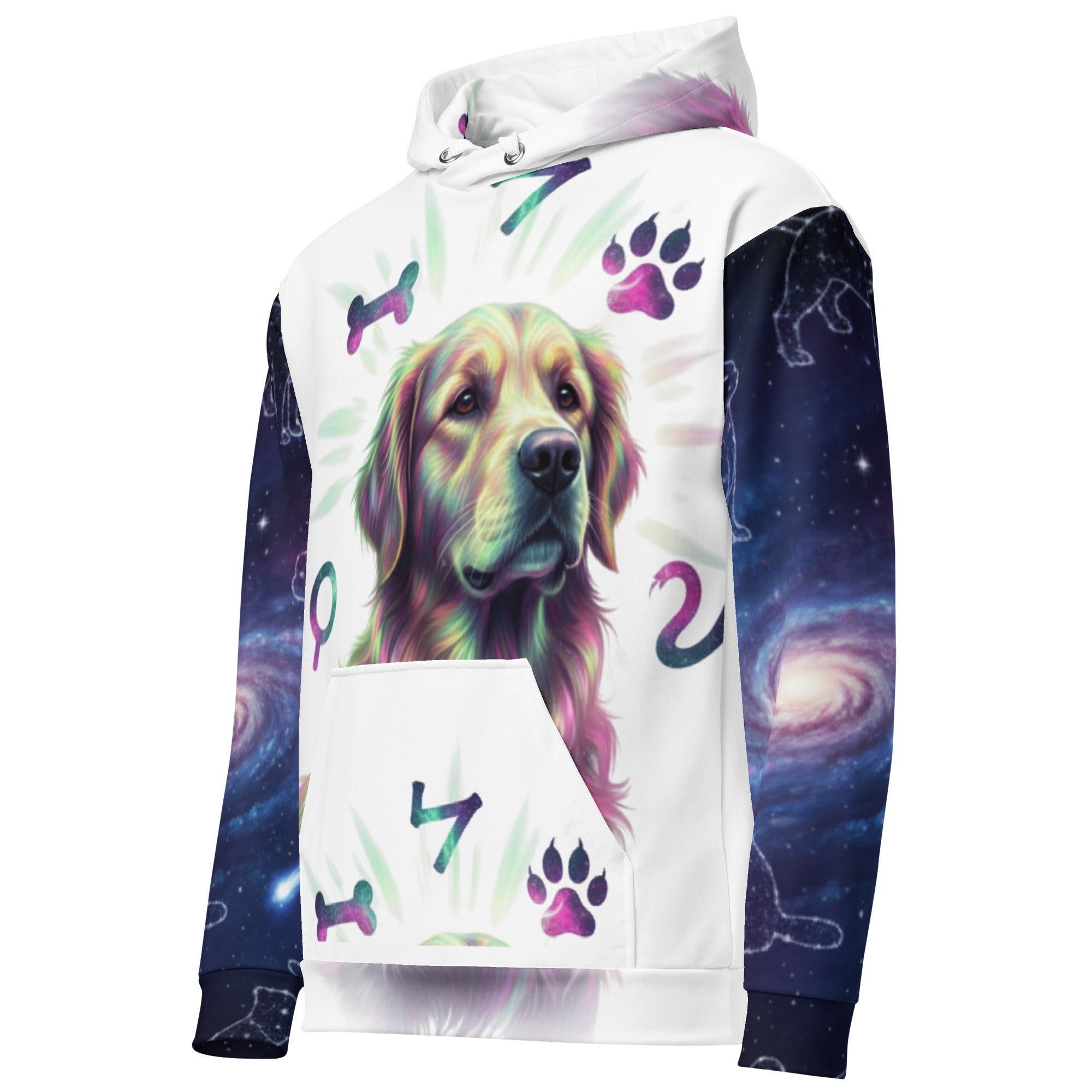 Hoodie with a colorful dog illustration and galaxy design on a white background