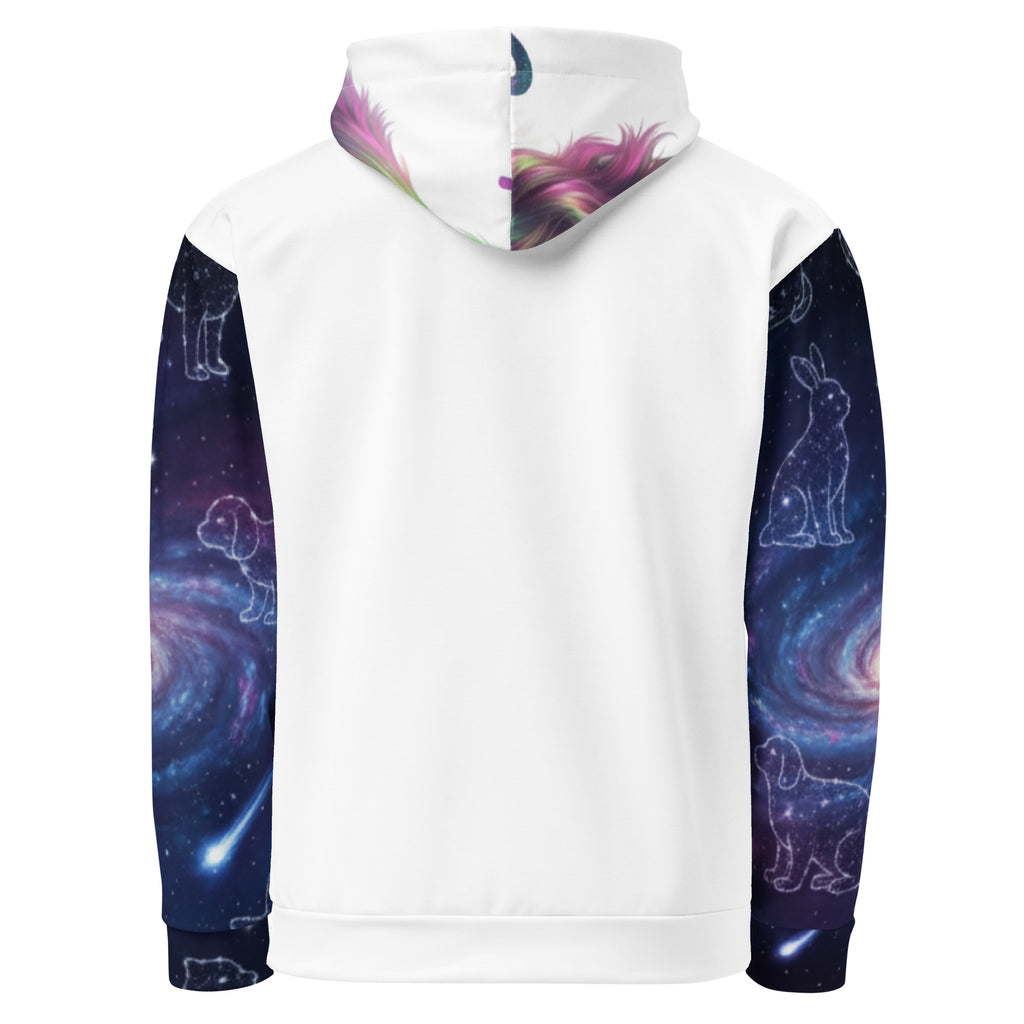 Hoodie with space-themed, pet designs on sleeves and back