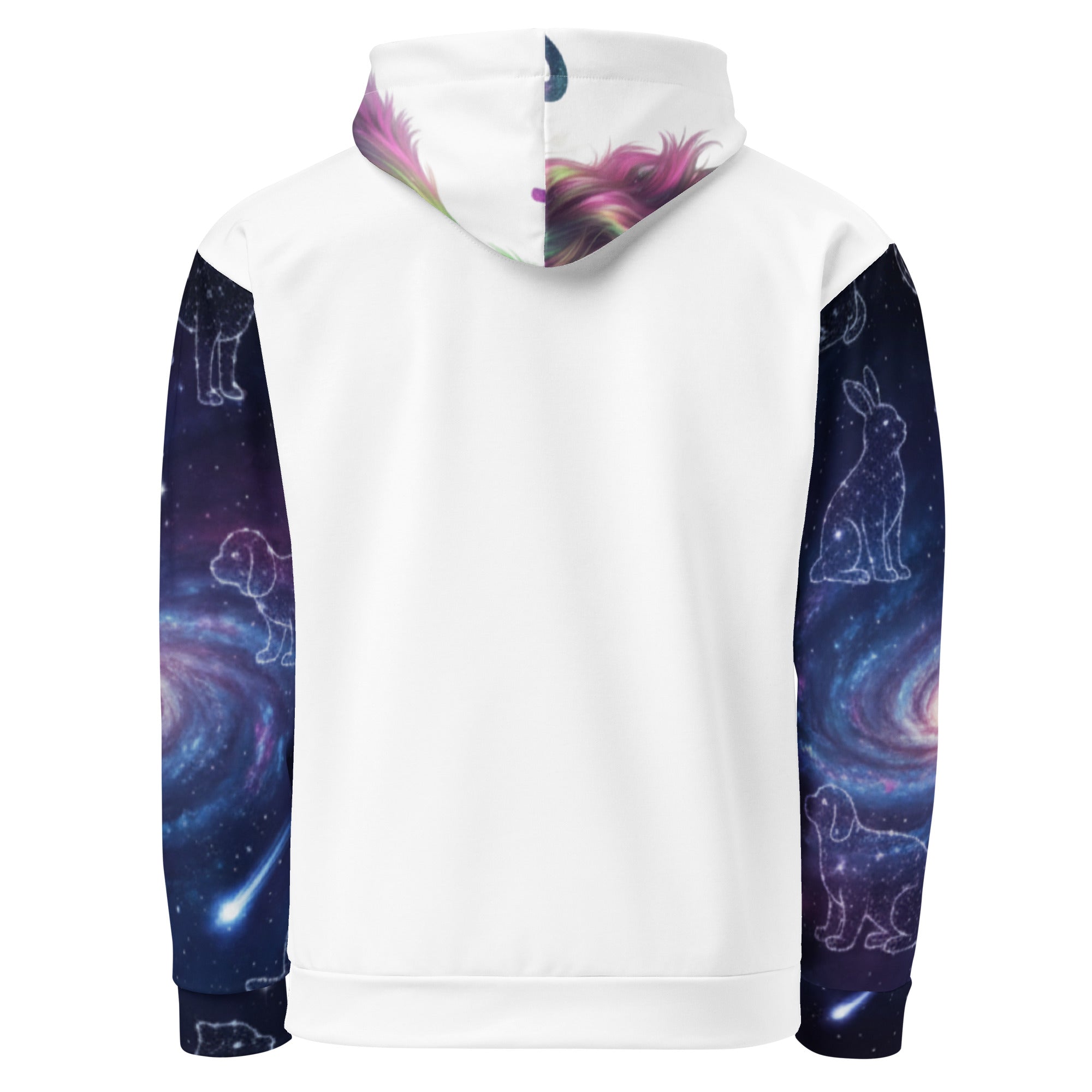 Hoodie with space-themed, pet designs on sleeves and back