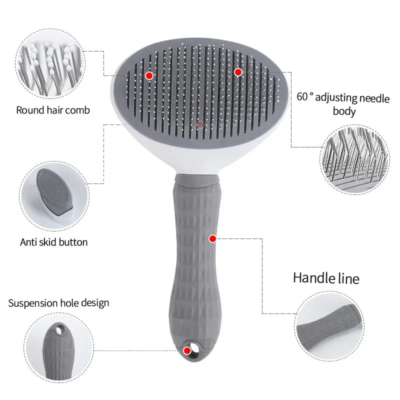 Gray self-cleaning pet slicker brush with labeled parts showing its features and components