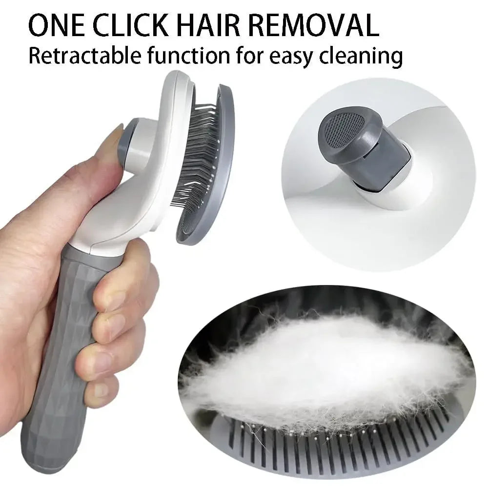 Gray self-cleaning pet slicker brush being pressed by a hand to release collected hair