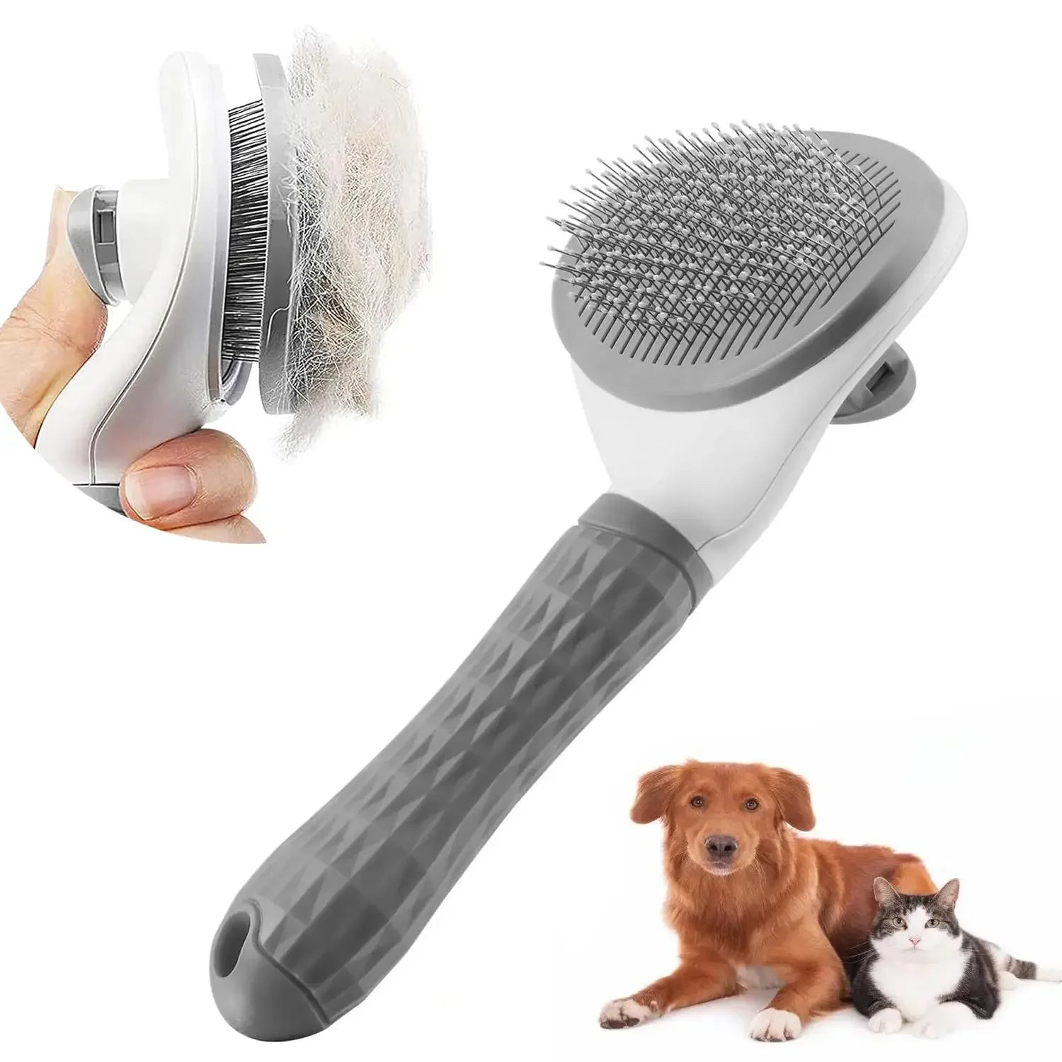 Gray self-cleaning pet slicker brush on a white background with two dogs lying down and a hand holding the brush