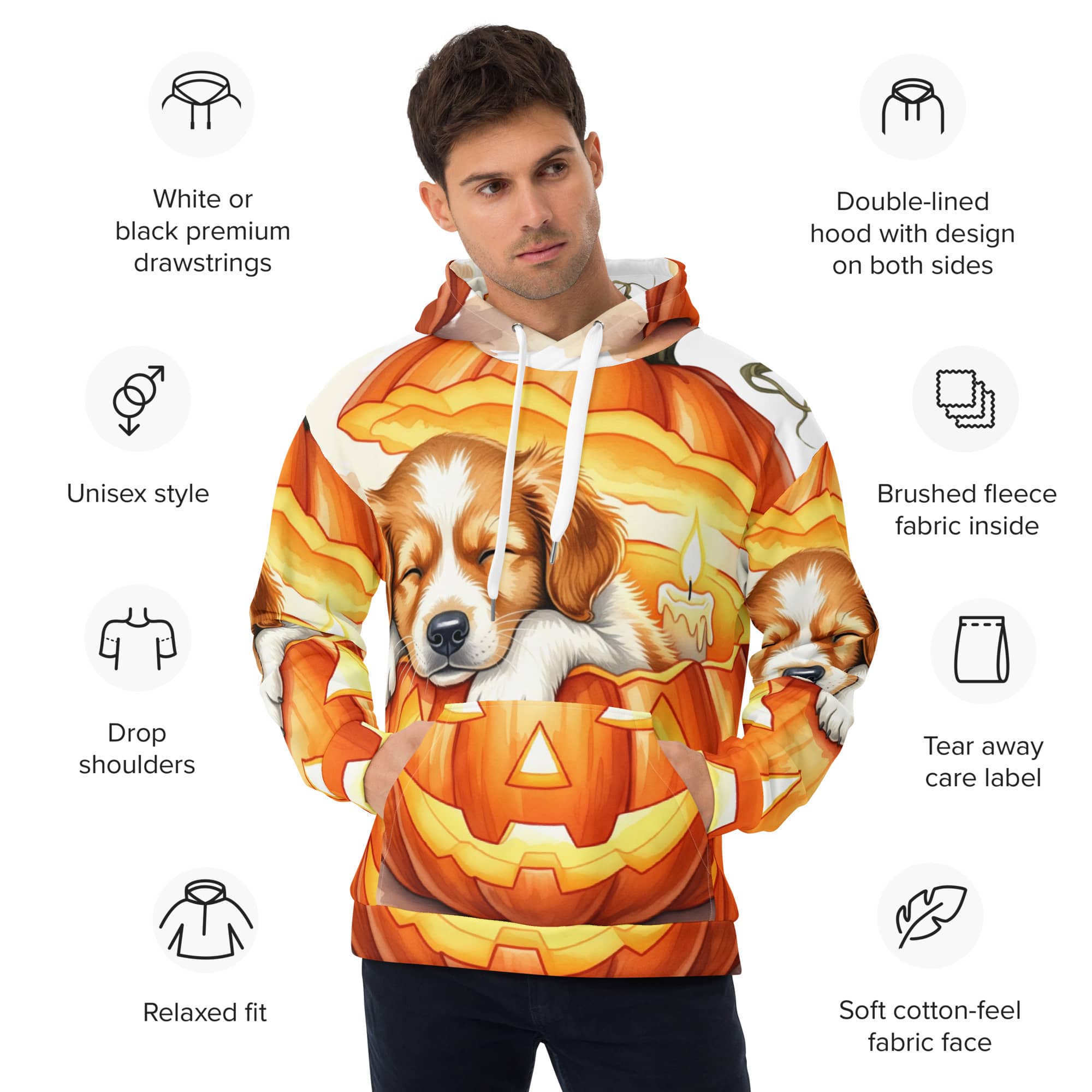 Halloween Dog Hoodie product details – Cozy Pumpkin Pup design with brushed fleece fabric and eco-friendly materials