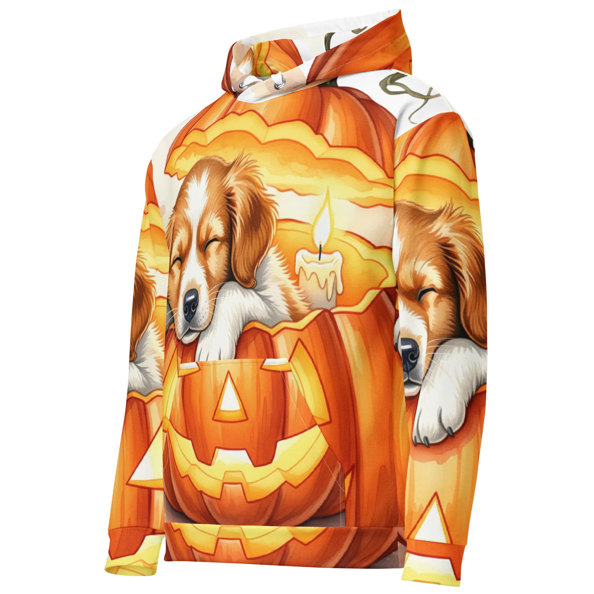 Side angle of Cozy Pumpkin Pup Halloween Pet Hoodie – all-over pumpkin and puppy print design