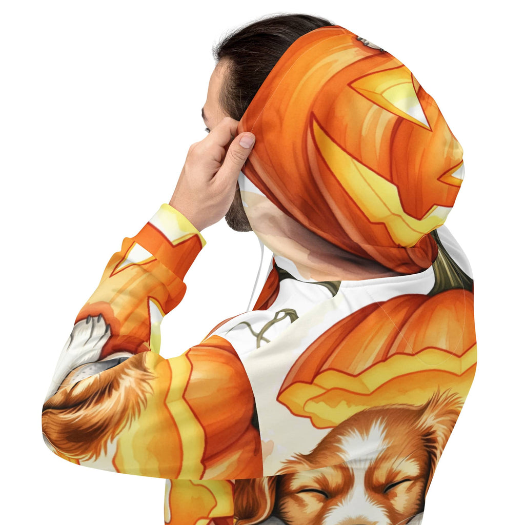 Man adjusting hood while wearing Cozy Pumpkin Pup Halloween Dog Hoodie – orange pumpkin print pet lover sweatshirt