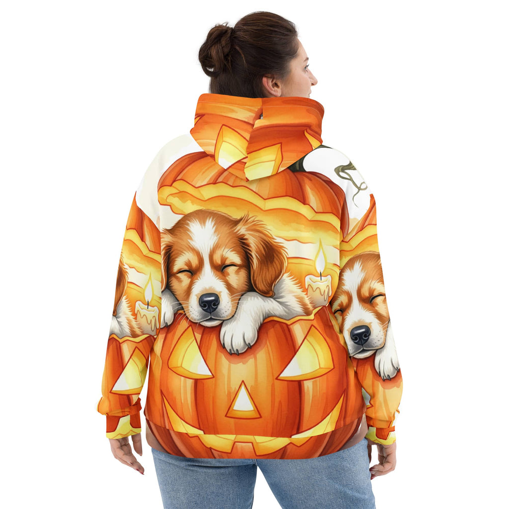 Woman wearing Cozy Pumpkin Pup Halloween Pet Hoodie with sleeping dog and pumpkin pattern – fall outfit for pet lovers
