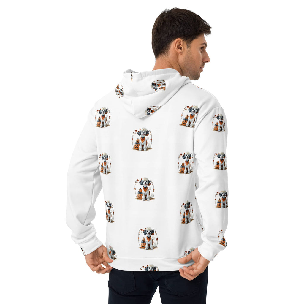 Back view of Trick-or-Treat Pup Halloween Dog Hoodie – white hoodie with playful puppy and pumpkin pattern for pet lovers
