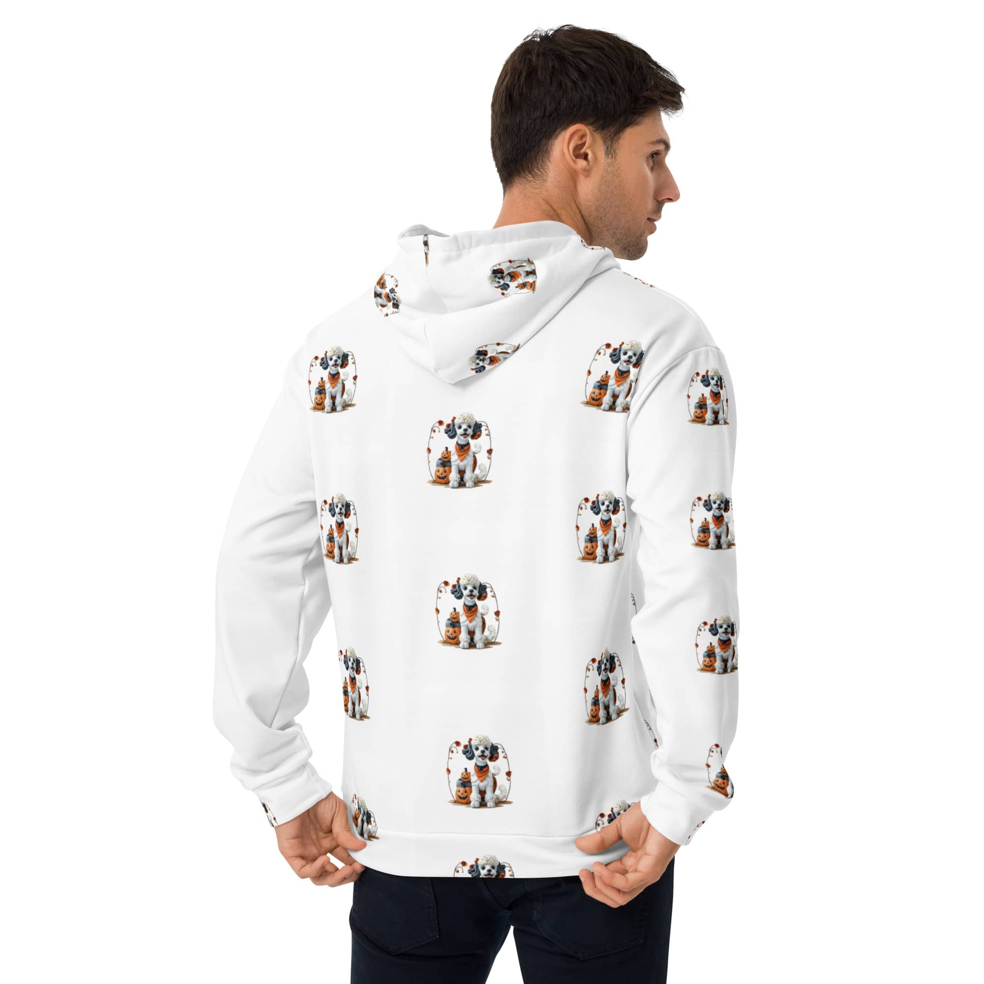 Back view of Trick-or-Treat Pup Halloween Dog Hoodie – white hoodie with playful puppy and pumpkin pattern for pet lovers