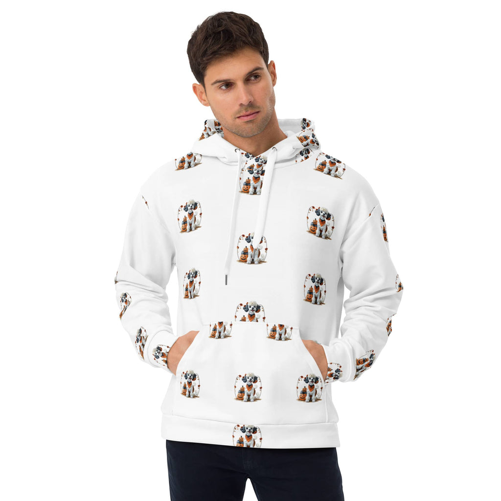 Man wearing Trick-or-Treat Pup Halloween Dog Hoodie – unisex white sweatshirt with puppy and pumpkin design