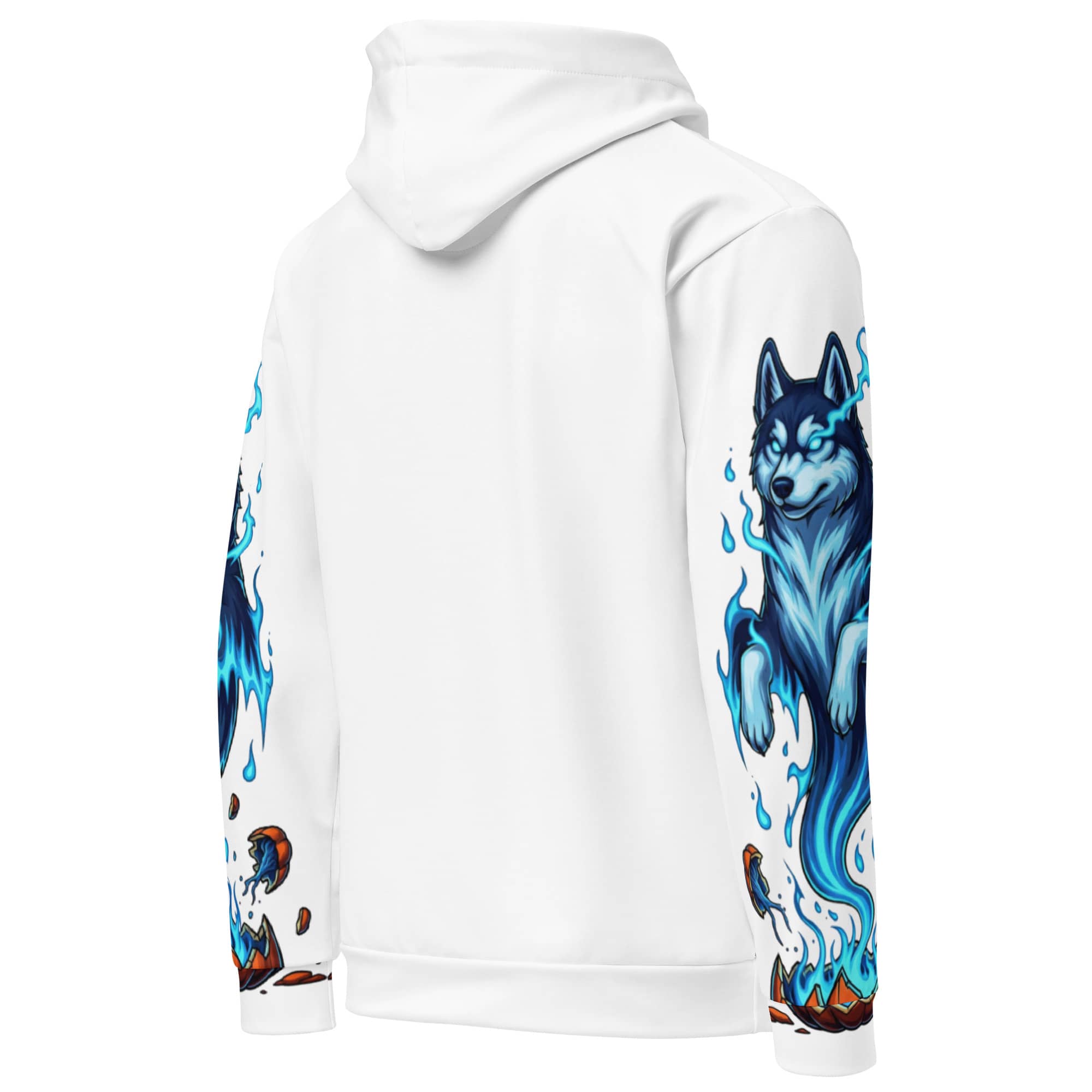 Back view of white hoodie featuring blue husky flames on both sleeves
