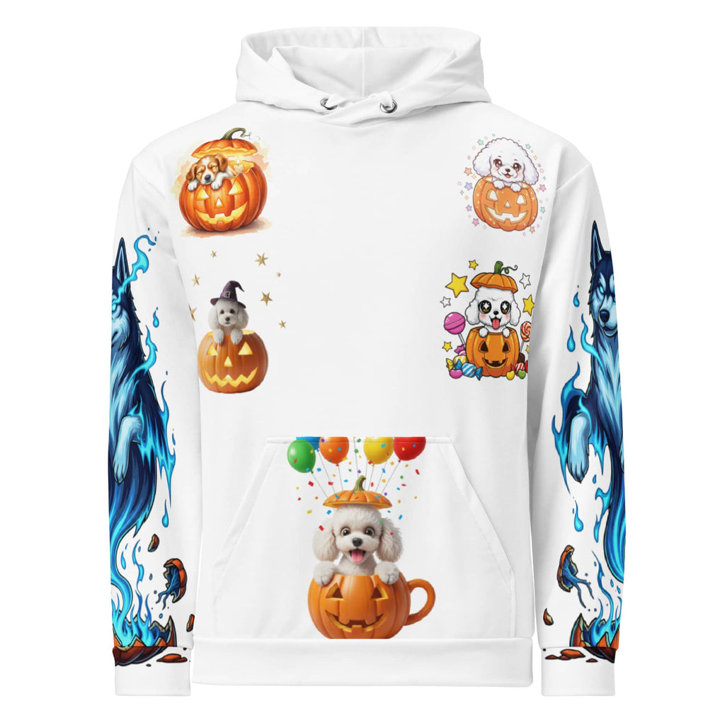 Front view of unisex hoodie with multiple cartoon dogs in pumpkins, balloons, candy, and blue husky flames