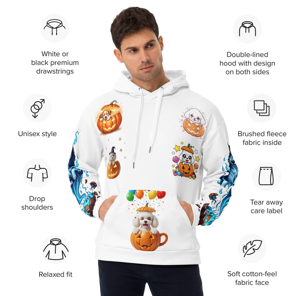 Man wearing white unisex Halloween hoodie with multiple dog pumpkin graphics, product feature icons on sides