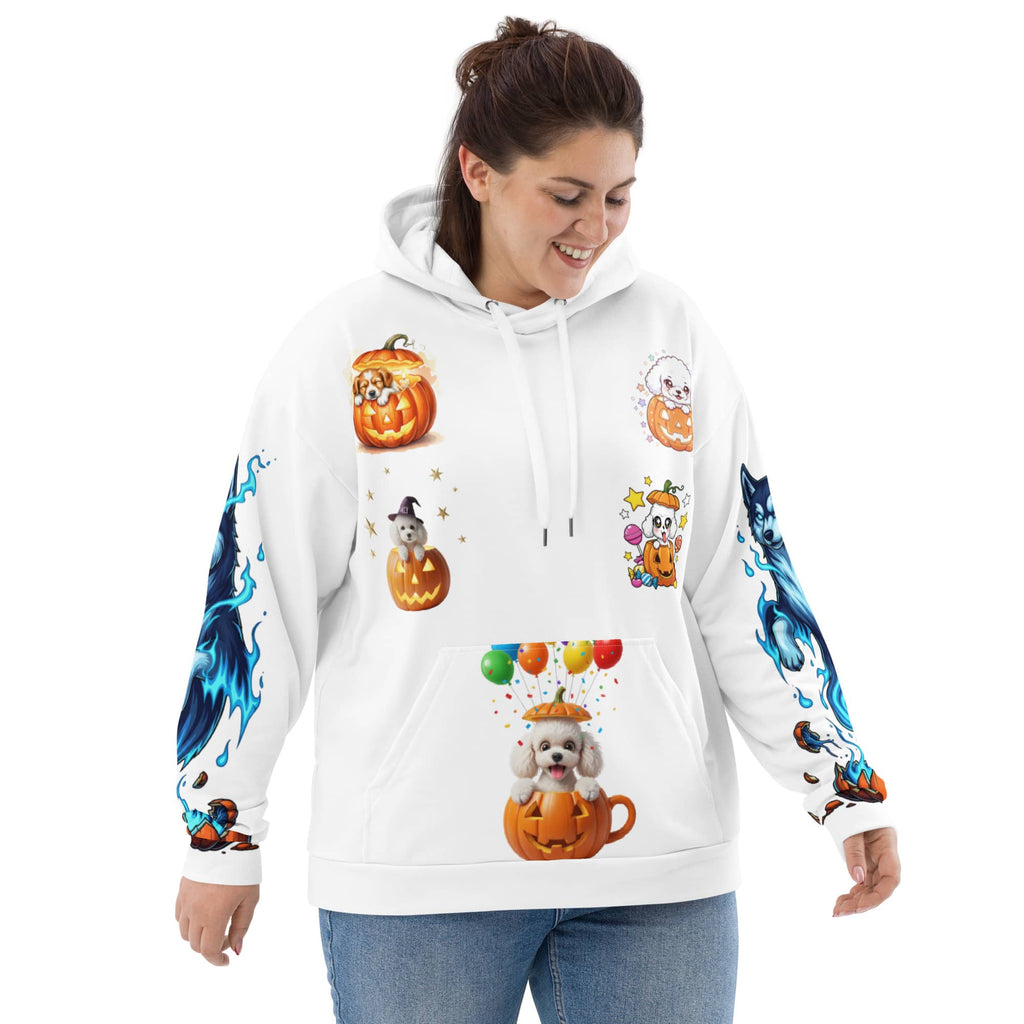 Plus-size woman wearing white hoodie featuring dogs in pumpkins and blue husky sleeve art