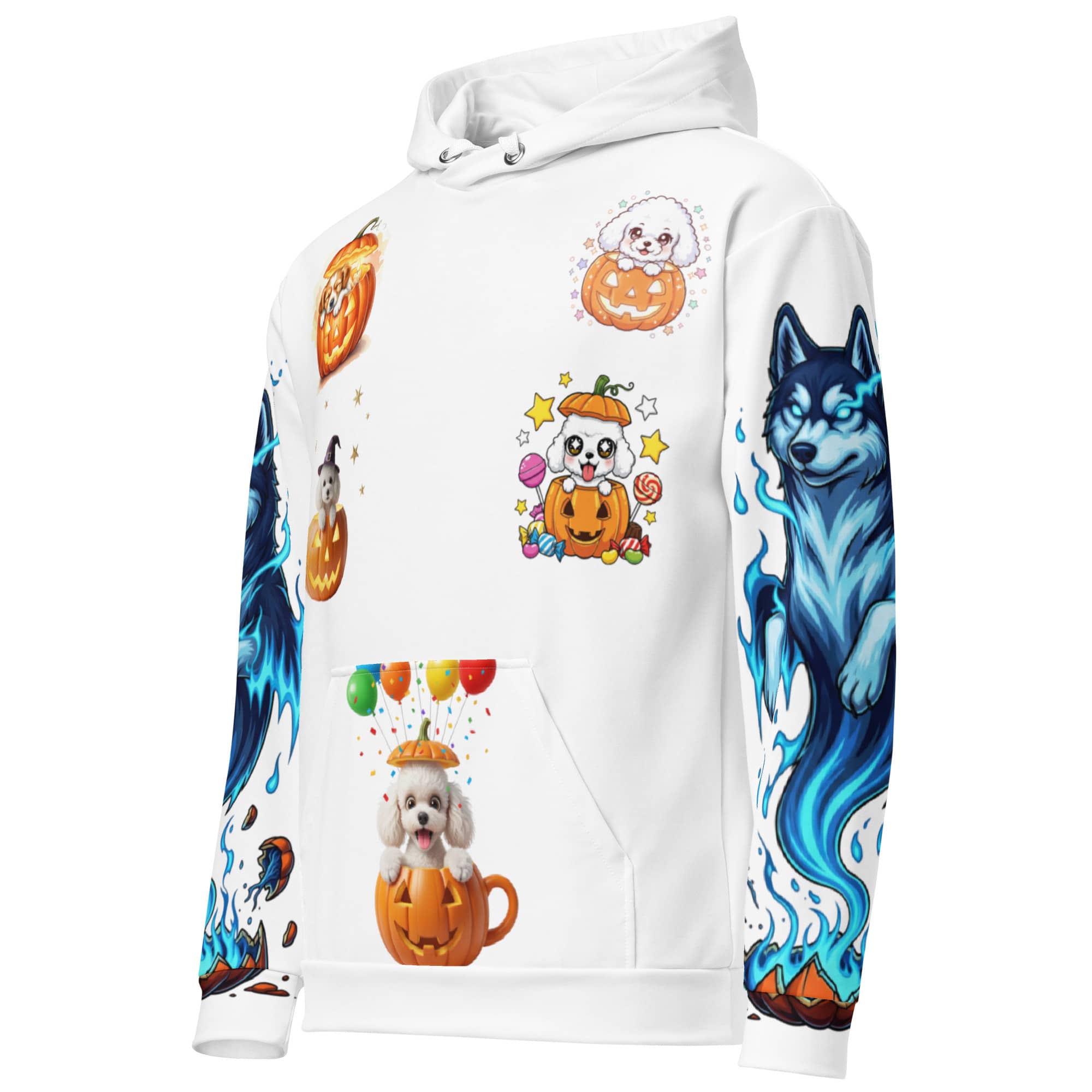 Angled view of white hoodie showing front pumpkin puppy designs and blue husky sleeve details