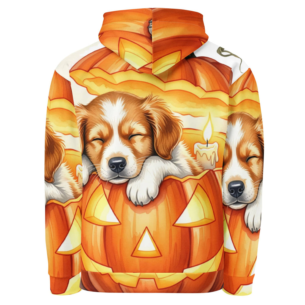 Back view of Halloween Dog Hoodie featuring sleeping puppy inside jack-o’-lantern pumpkins – Cozy Pumpkin Pup design