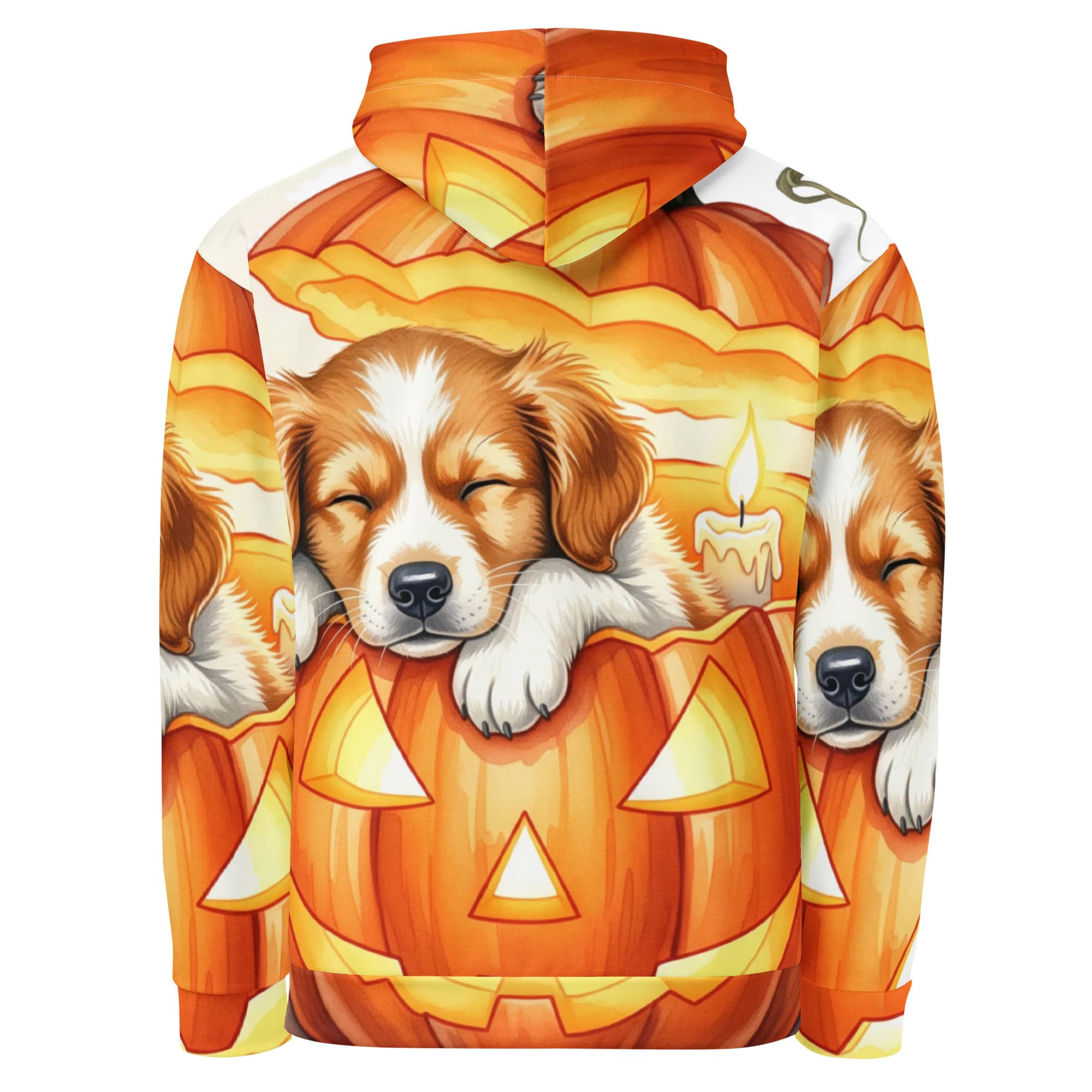 Back view of Halloween Dog Hoodie featuring sleeping puppy inside jack-o’-lantern pumpkins – Cozy Pumpkin Pup design