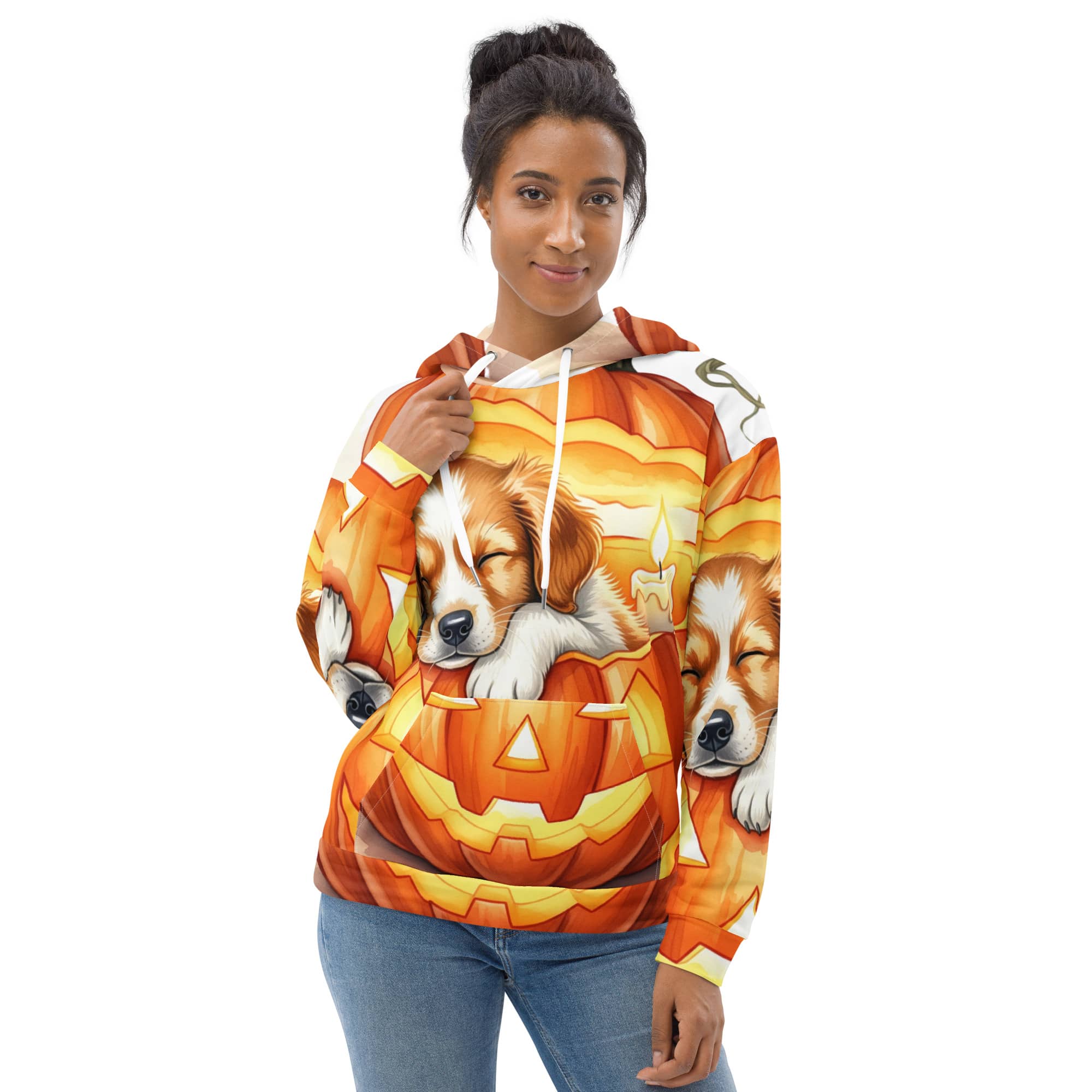 Dog mom wearing Cozy Pumpkin Pup Halloween Hoodie – soft orange pumpkin print sweatshirt for pet lovers