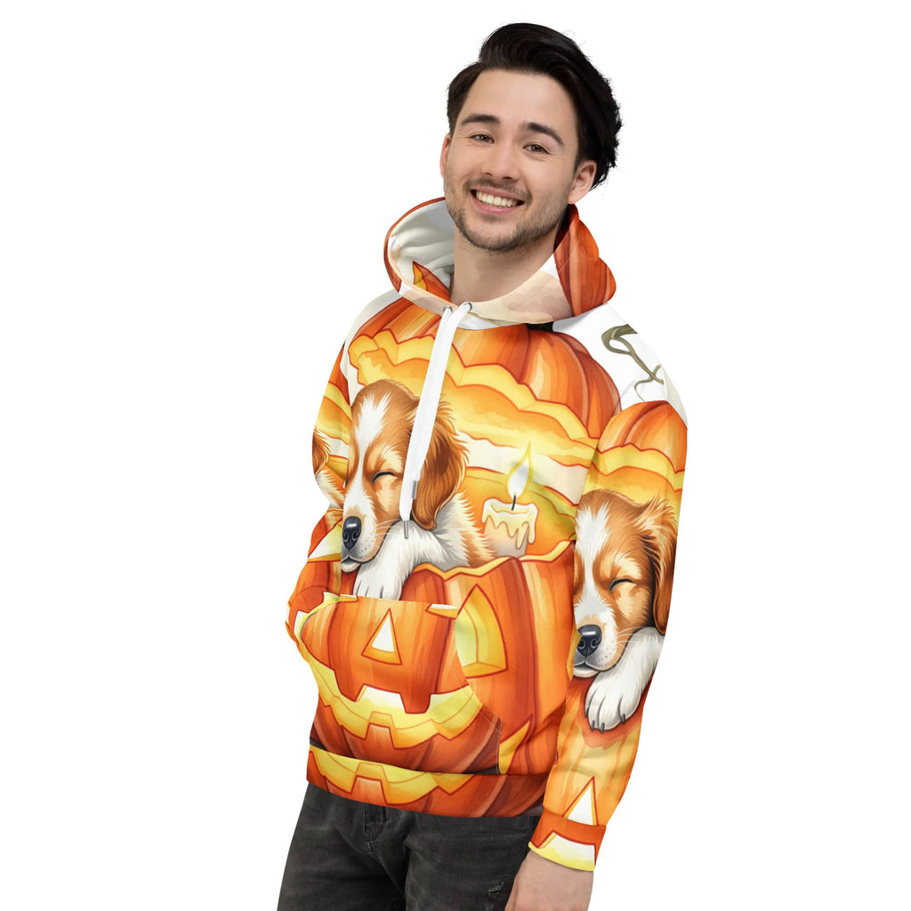 Smiling man wearing Cozy Pumpkin Pup Halloween Dog Hoodie – unisex orange pumpkin print sweatshirt