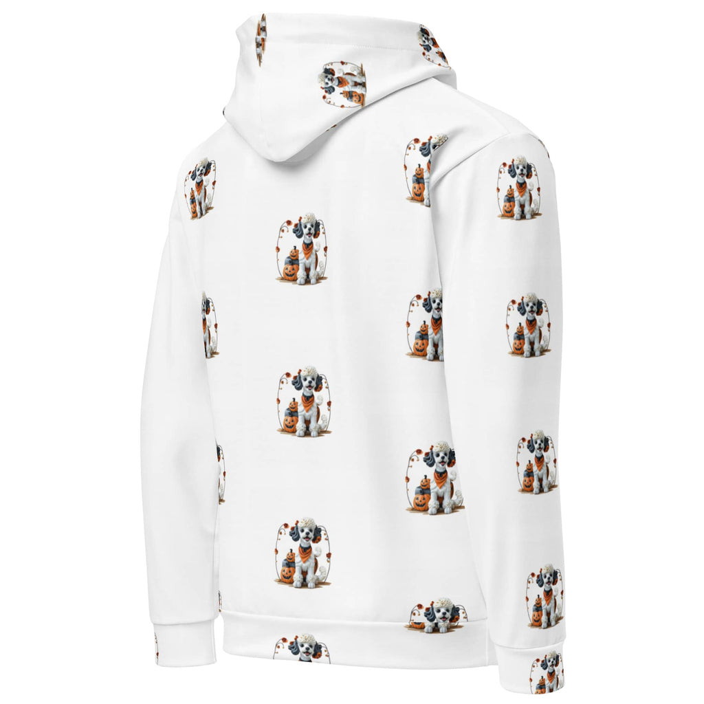 Angled back view of Trick-or-Treat Pup Halloween Pet Hoodie – cute dog and pumpkin print on white fabric