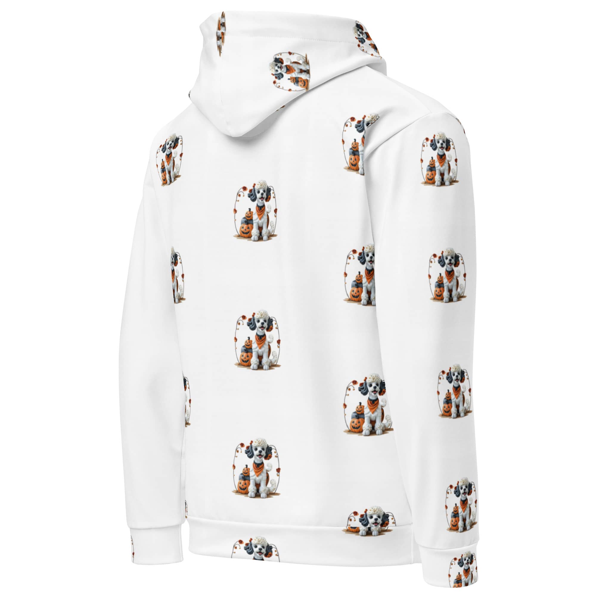 Angled back view of Trick-or-Treat Pup Halloween Pet Hoodie – cute dog and pumpkin print on white fabric