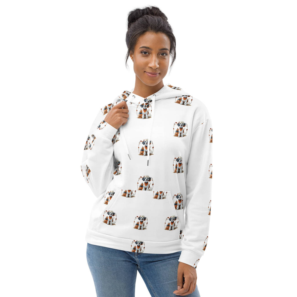 Dog mom wearing Trick-or-Treat Pup Halloween Hoodie – cozy unisex fall sweatshirt with dog and pumpkin print