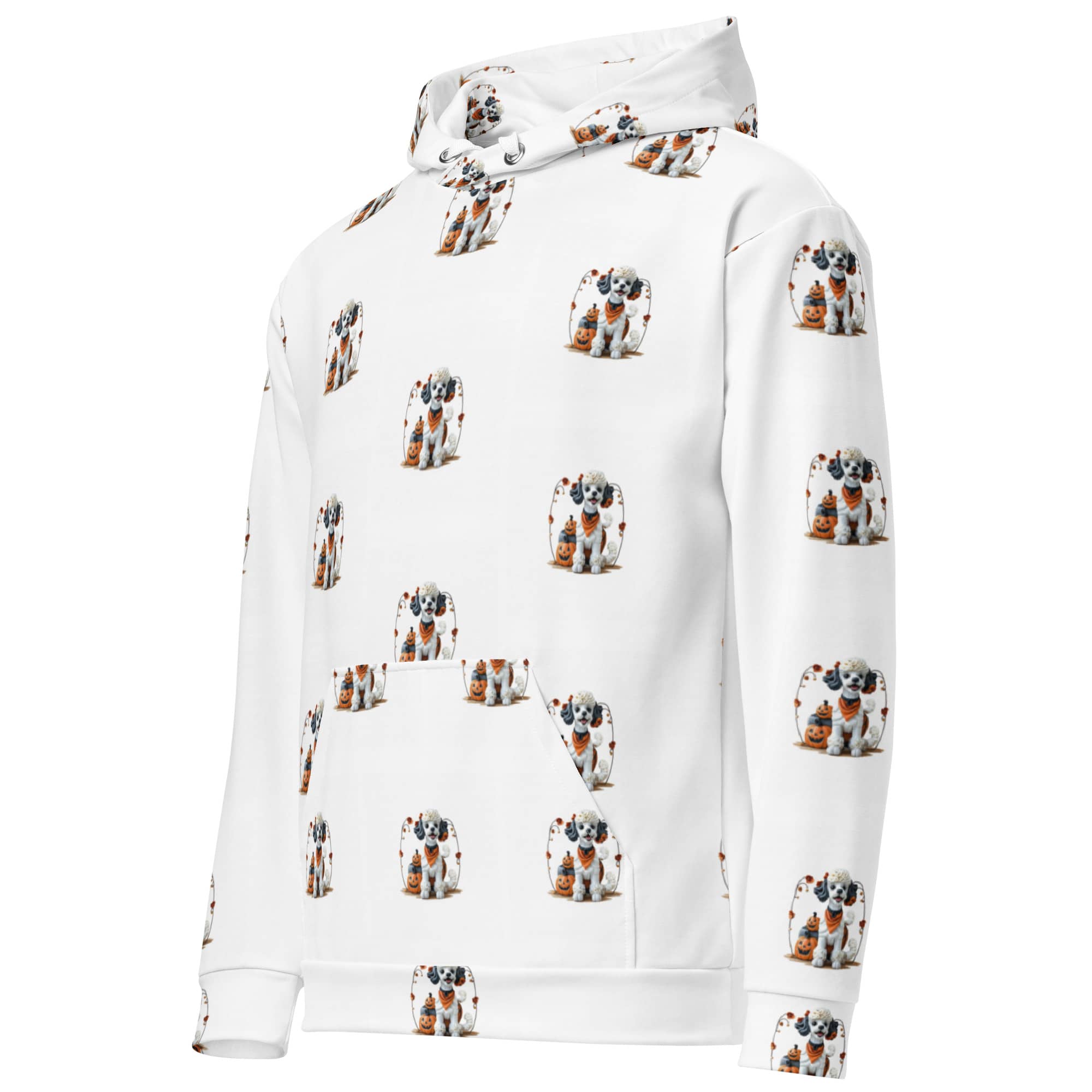 Side angle of Trick-or-Treat Pup Halloween Pet Hoodie – white all-over dog and pumpkin pattern sweatshirt