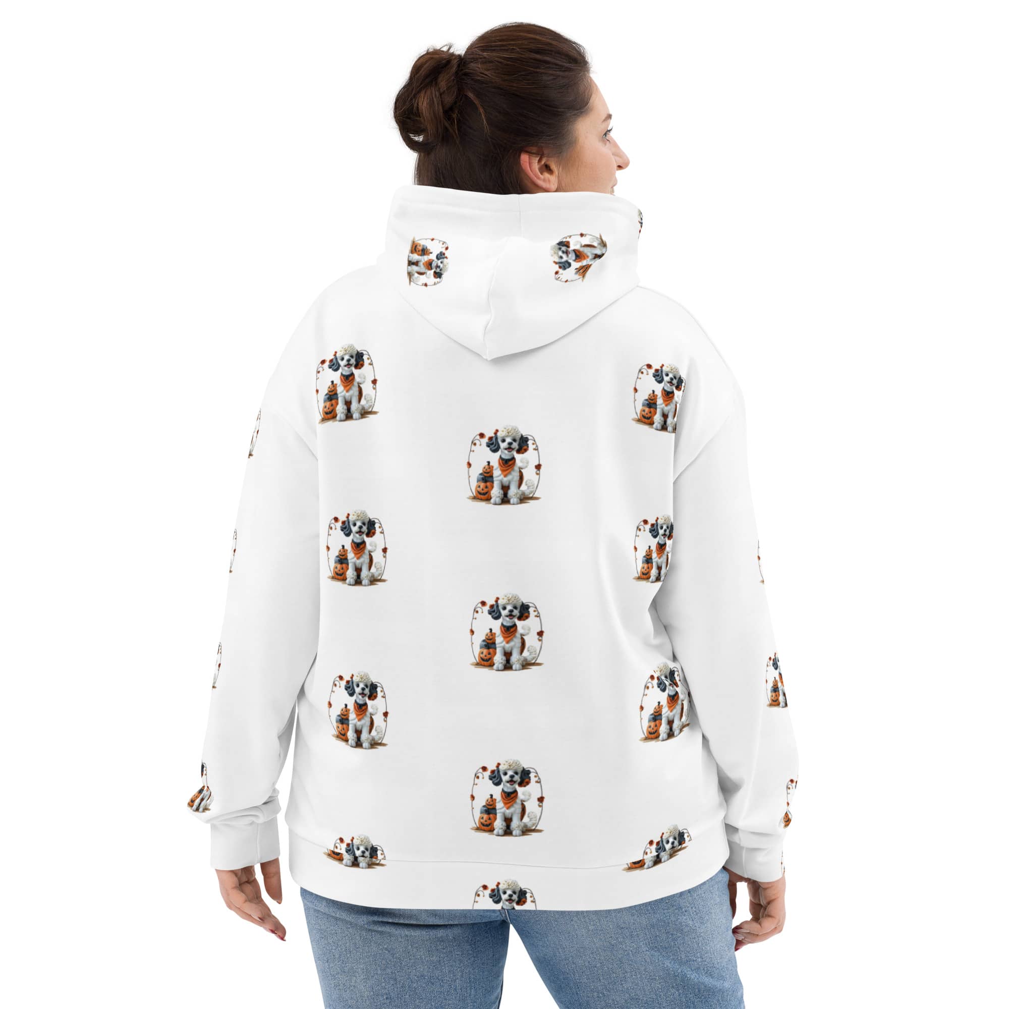 Woman wearing Trick-or-Treat Pup Halloween Pet Hoodie – cozy white sweatshirt with puppy and pumpkin print