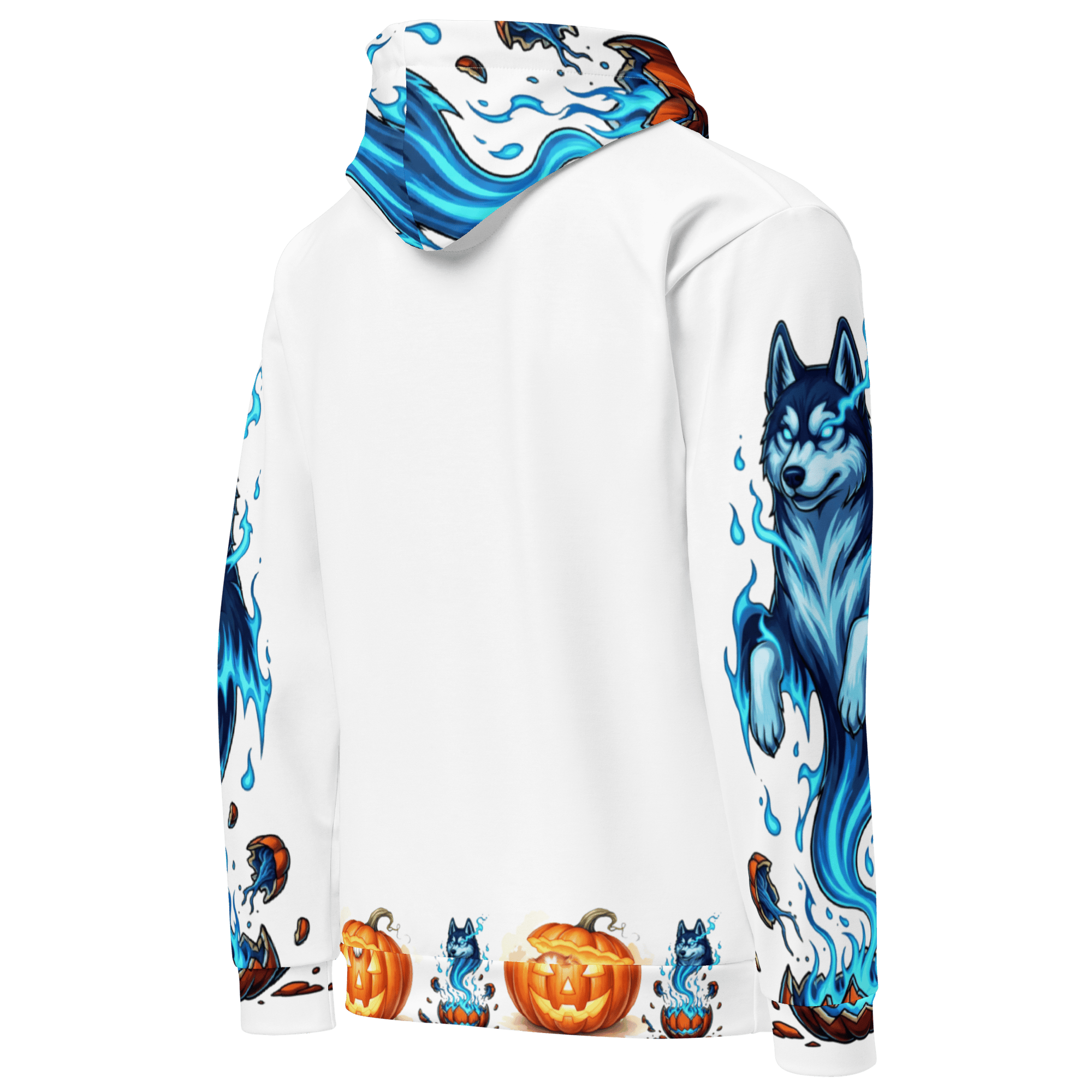 Back view of Pumpkin Dream Pup Halloween Hoodie – white hoodie with blue husky flame artwork and pumpkin trim pattern