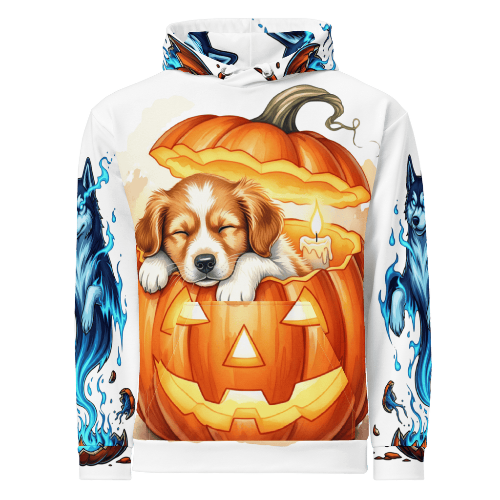 Front view of Pumpkin Dream Pup Halloween Hoodie – sleeping puppy in pumpkin design with blue husky flame art sleeves