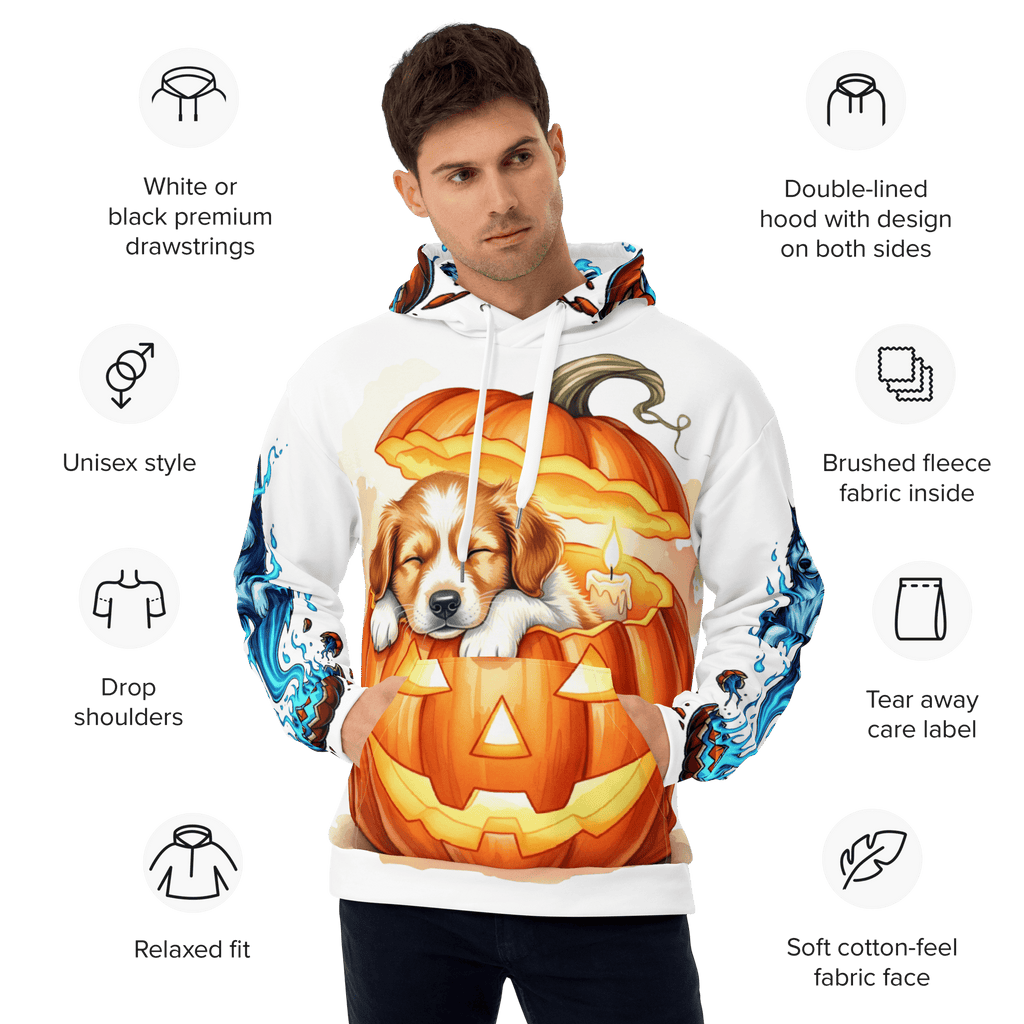 Man wearing Pumpkin Dream Pup Halloween Dog Hoodie – eco-friendly unisex fleece hoodie with sleeping puppy in pumpkin print