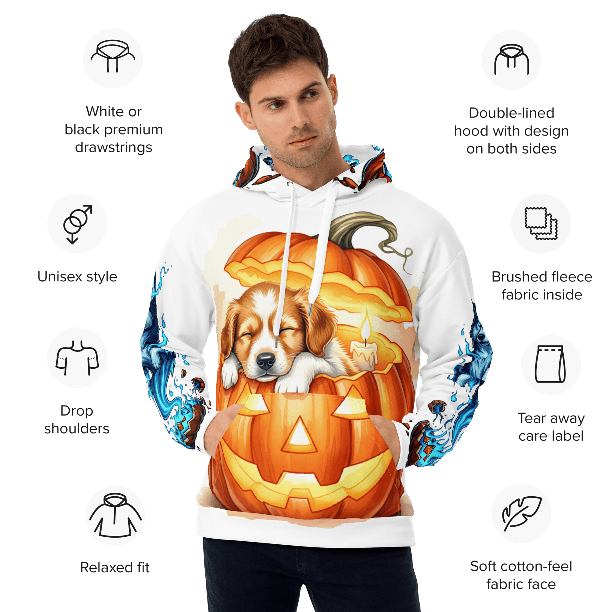 Man wearing Pumpkin Dream Pup Halloween Dog Hoodie – eco-friendly unisex fleece hoodie with sleeping puppy in pumpkin print